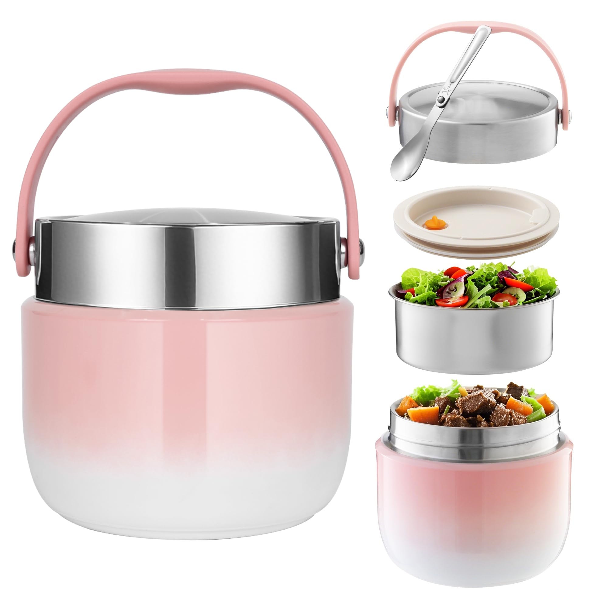 Thermos per Alimenti 1200 ml Contenitore Termico per Alimenti con Cucchiaio Pieghevole Porta Pappa Termico per conservare zuppe, porridge,Riso (Rosa)
