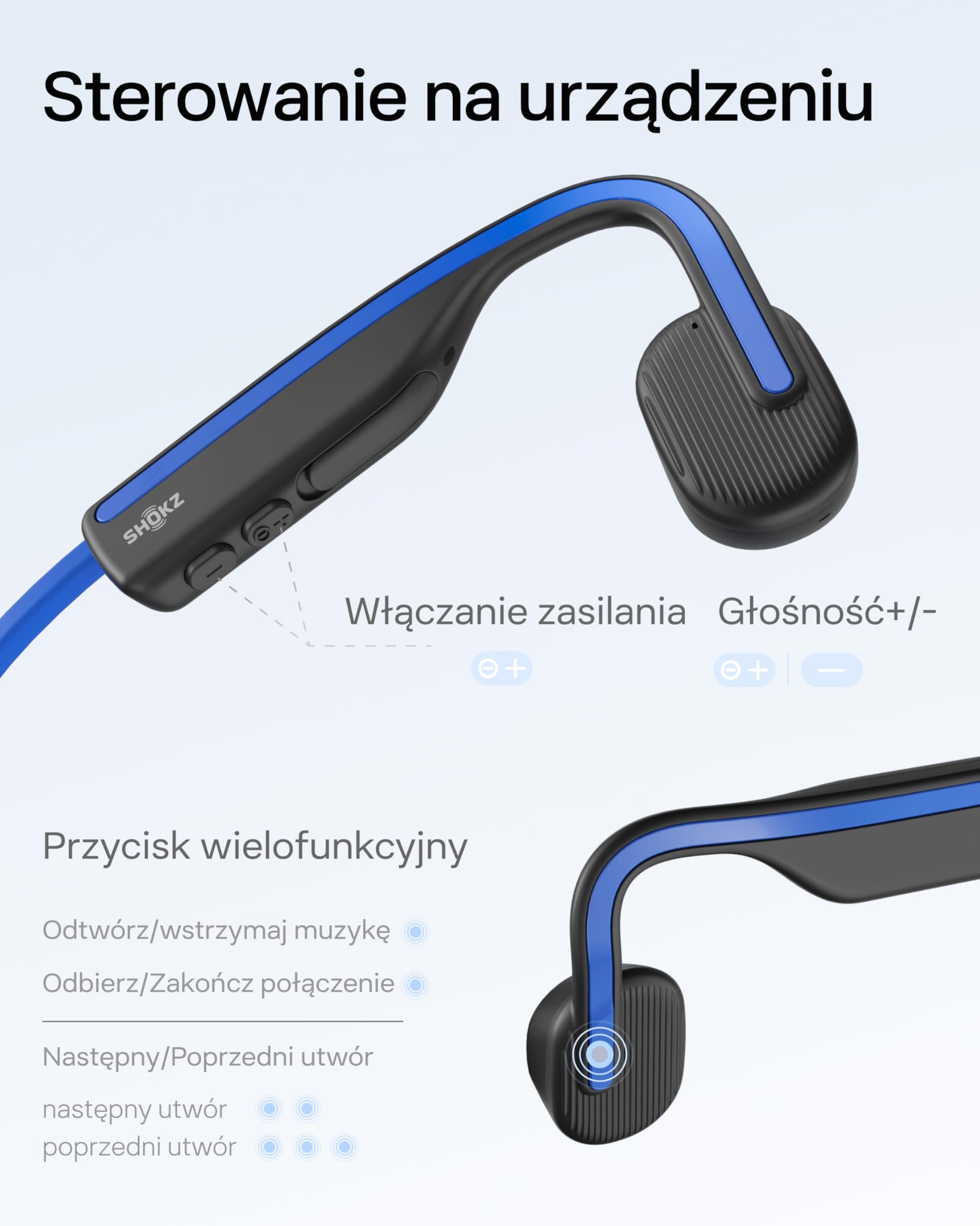SHOKZ OpenMove Przewodnictwo Kostne, Bezprzewodowe Bluetooth 5.1, Otwarte Uszy, Czysty Dźwięk, Bateria 6h, Waga 29g, IP55, Słyszy Ruch i Otoczenie, do Biegania, Treningu i Codziennego Użytku,Niebieski