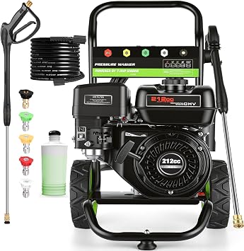 Professional 4200PSI 4GPM 212CC Gas Pressure Washer, 7.0HP Heavy-Duty 3600RPM Commercial Gas Power Washer with 1000ML Foam Bottle 8" Wheels 5 Nozzles 25FT Hose EPA/CARB/ETL Compliant, Black