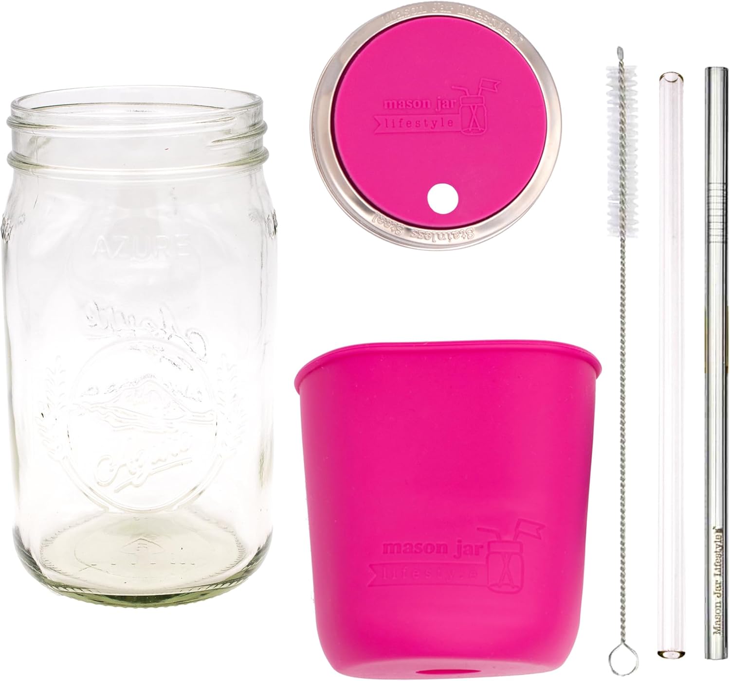 Mason Jar Lifestyle 32oz Quart Glass Mason Jar Water Bottle Travel Tumbler with Silicone Sleeve, Straw Lid, ans Stainless Steel Straw (Berry Pink)