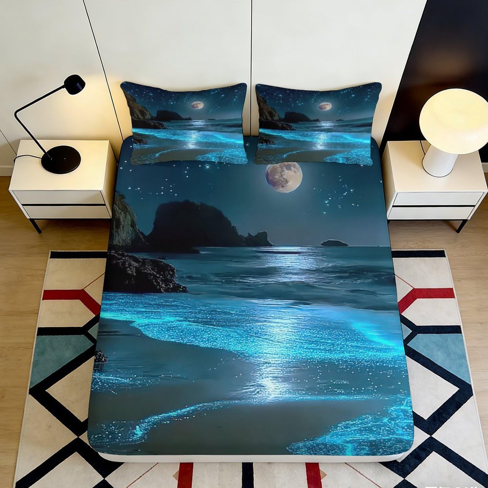 3D Printed Moonlit Ocean Fitted Sheet Microfiber Soft Breathable Night Seascape Bed Cover for Bedroom Guestroom Decor 90x200x25cm