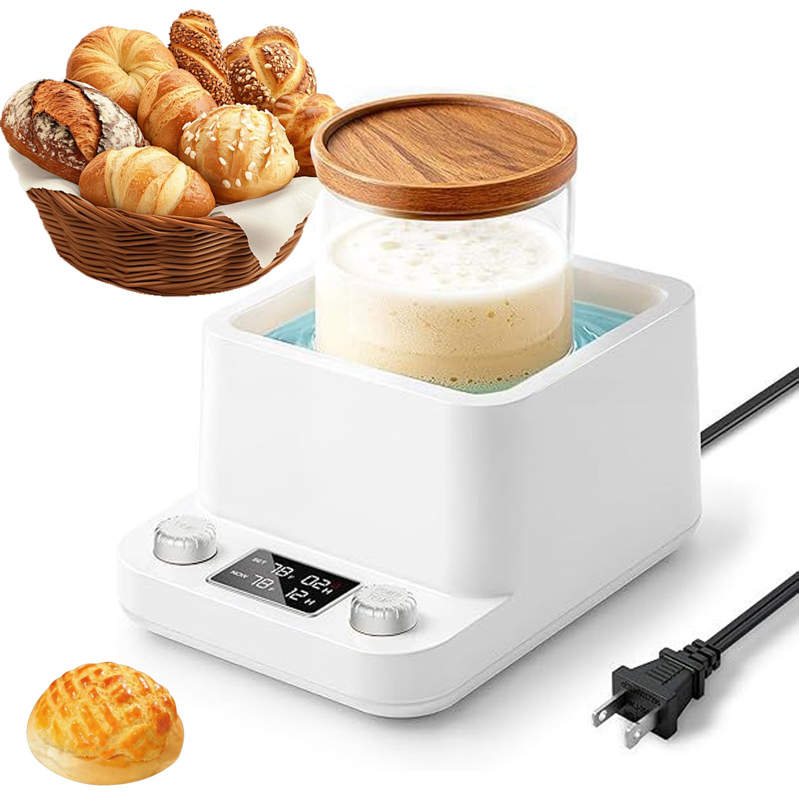 Gleichmäßiges Wasserbad-Sauerteigwärmer,1°F präziser Thermostat Sauerteig Starter Wärmer Wärmegerät Sauerteigstarterwärmer 198-Stunden-Timer für Brotbacken & Fermentation