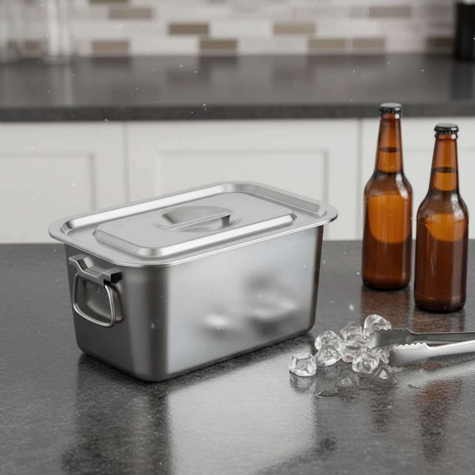 Cubeta de Hielo Cuadrada Metálico Recipiente Acero Inoxidable Depósito para Bebidas para Organización de Barra Apta para Cocina Restaurante Bar Fiesta al Aire Libre, 60x40x20 CM