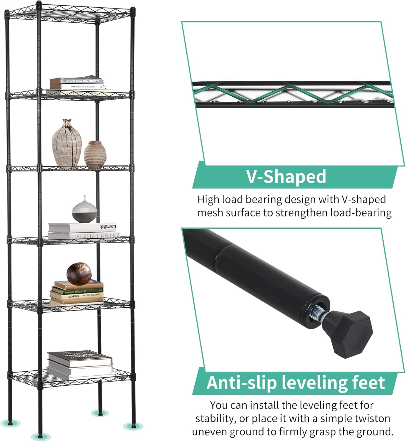 6 Tier Metal Shelf, Heavy Duty Garage Storage Rack, 100lbs Capacity per Shelf, Adjustable Wire Shelves, Black, Floor Mount, 16.7" L x 11.8" W x 63" H