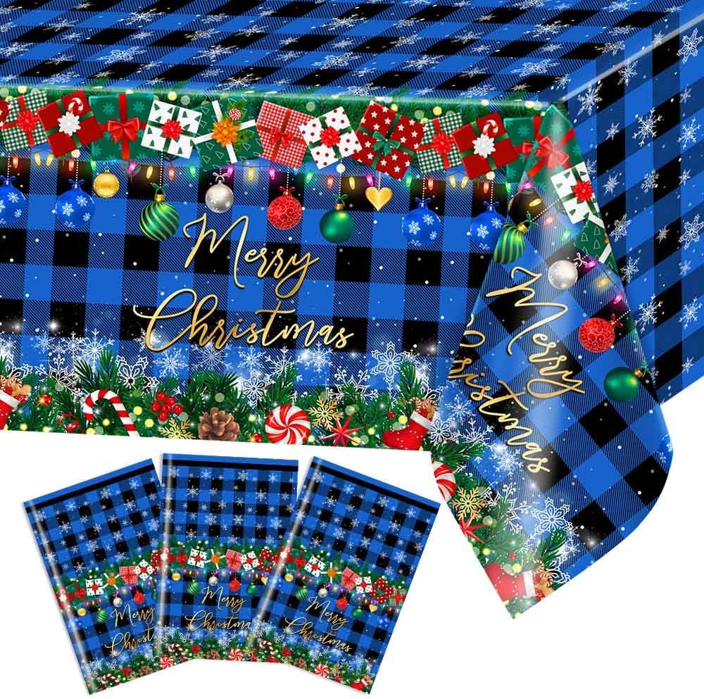 Avezano 3 Pcs Christmas Tablecloths Disposable Plaid Christmas Tablecloth Plastic for Xmas Winter Holiday Party Supplies Large Plastic Tablecover 108x54 inch (Blue Black)