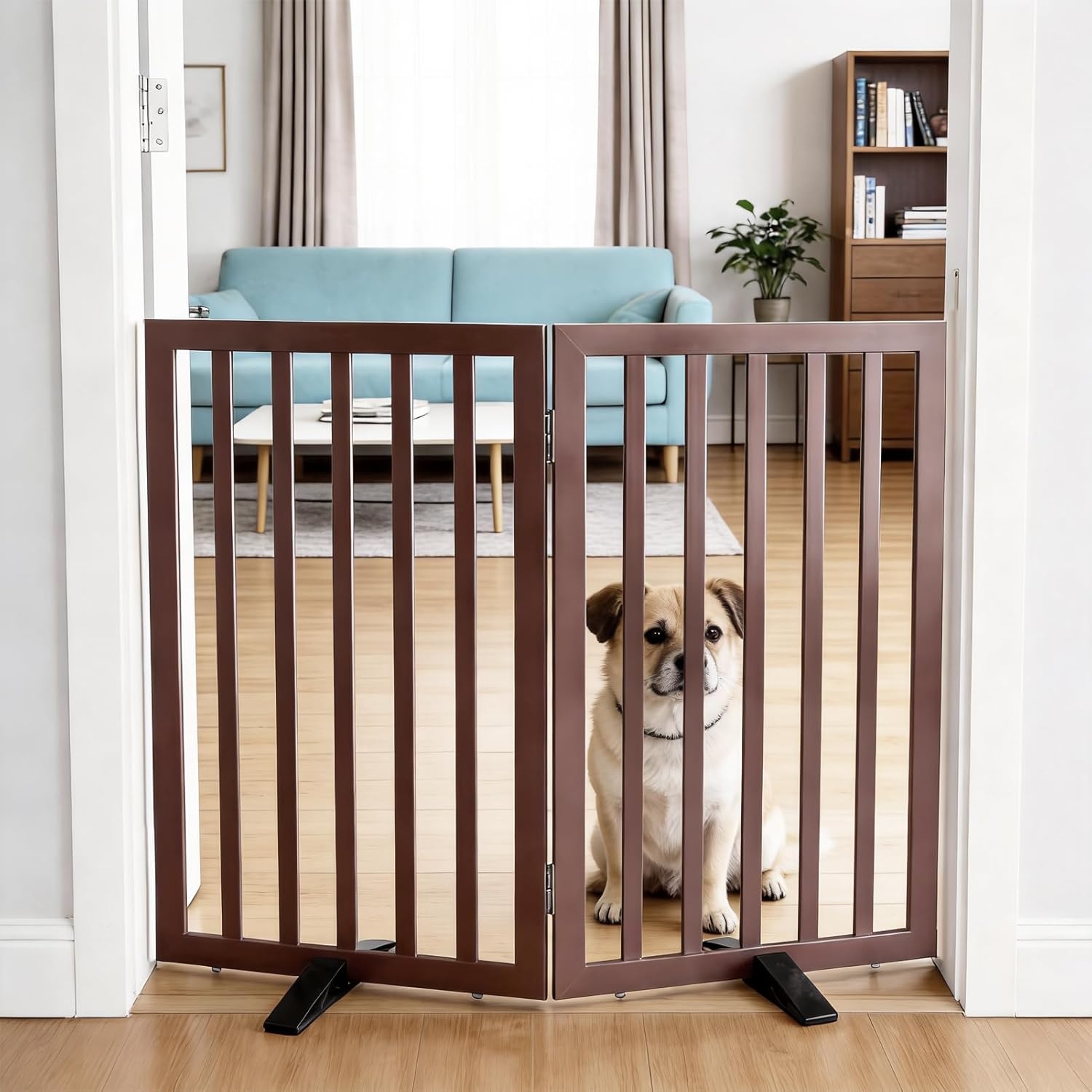 Dog Gate Indoor, Freestanding Dog Fence for The House, Doorways, Hallways,or Stairs,Pet Gate Foldable Wooden,Expandable 32" Height 2 Panels,Brown