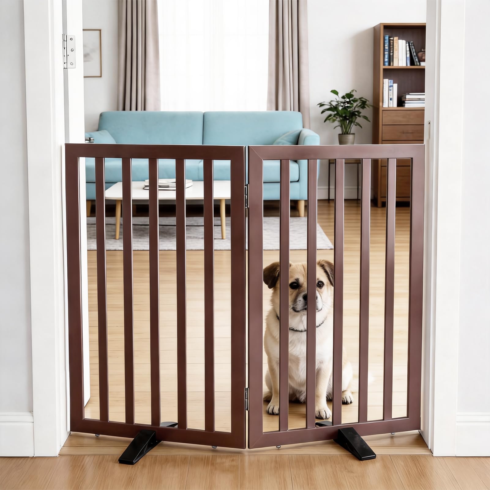 SFJC Pet Door Indoor, Freestanding Dog Fence for The House, Doorways, Hallways,or Stairs,Pet Gate Foldable Wooden,Expandable 32" Height 2 Panels,Brown
