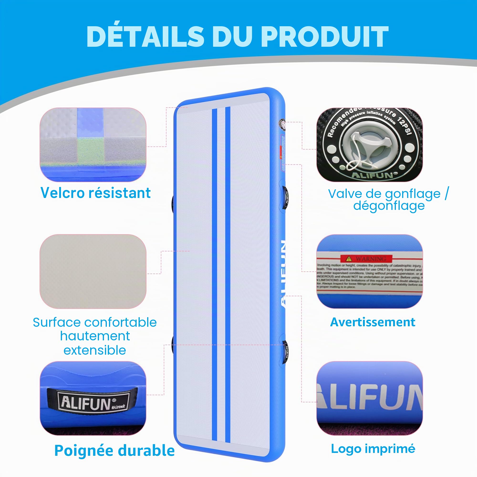 ALIFUN Tapis de Gymnastique Gonflable, Tapis d'entrainement, Tapis de Gym Tumbling 2 m/3 m/4 m/6 m Air Mat Track, Gymnastics Tumble Track Mat, Piste de Gymnastics Gonflable avec pompe à air