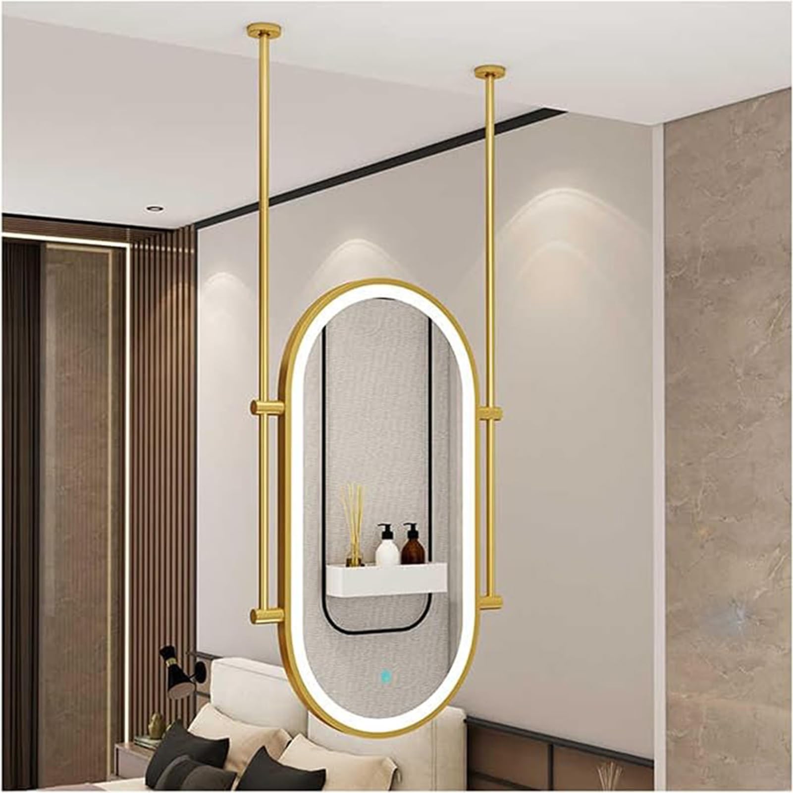 QICBYING Ceiling Hanging Mirror With LED Lights, Oval Hanging Rod Mirror, Metal Ceiling Hanging Floating Mirrors, 3-Color Dimmable Lights HD Glass Mirrors, For Entrance Cloakroom and Home Decor