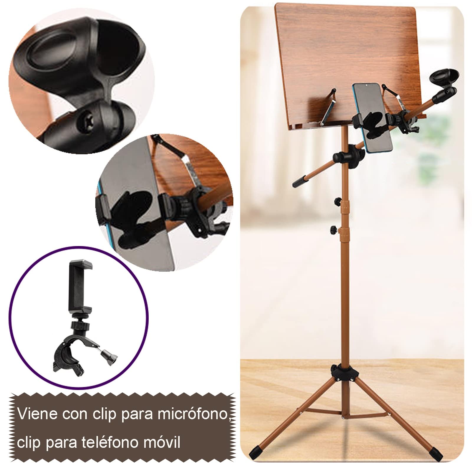 Soporte de violín plegable portátil, atril de madera ajustable, atril para partituras plegable multiusos, sostiene libros de texto, libros de cocina, partituras o documentos de forma segura (made