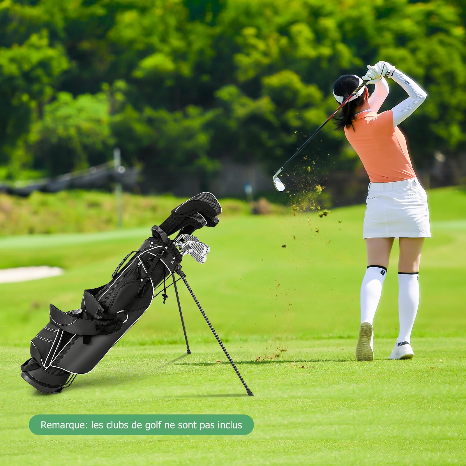GYMAX Sac de Golf Trépied Léger, avec 4 Séparateurs pour Clubs, 4 Poches pour Tees, Boissons, Vêtements, Pieds Solide avec Patins Antidérapant, avec Capuche de Pluie
