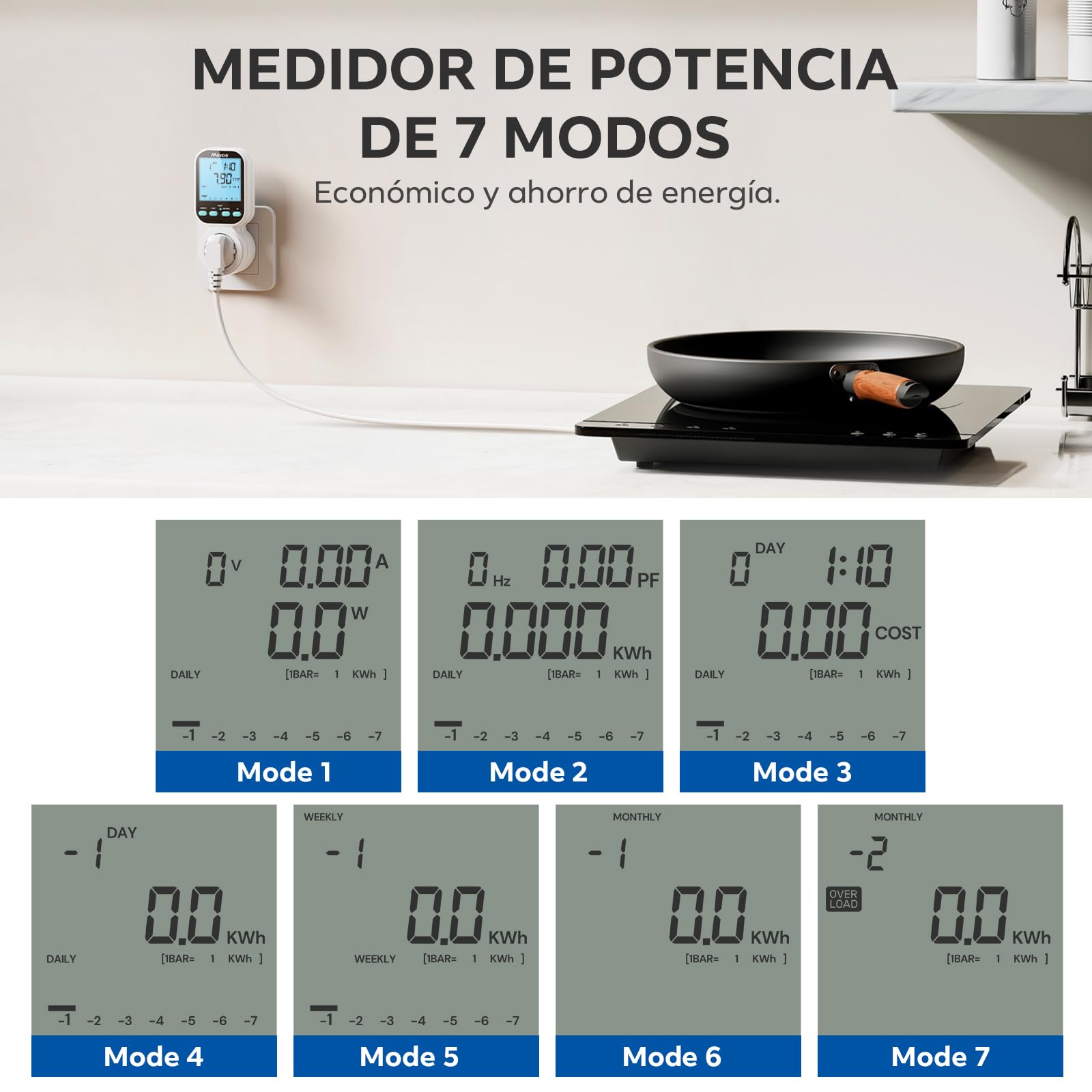 Maxcio Medidor de Consumo de Energía, enchufe de ahorro energético con pantalla LCD retroiluminada, 7 Modos Medidor de Consumo Electrico con Protección contra Sobrecarga, Nuevo Estilo