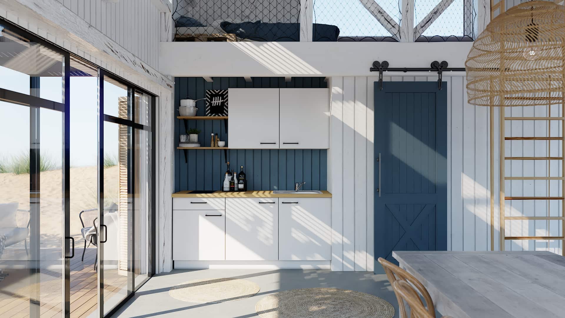 WALLERS cuisine complète 180 cm : Meubles 19mm + Plan de travail 3,8cm + Frigo intégré table top + Plaque de cuisson 2 foyers + Mitigeur (180 cm évier à droite, Plan de travail couleur chêne)