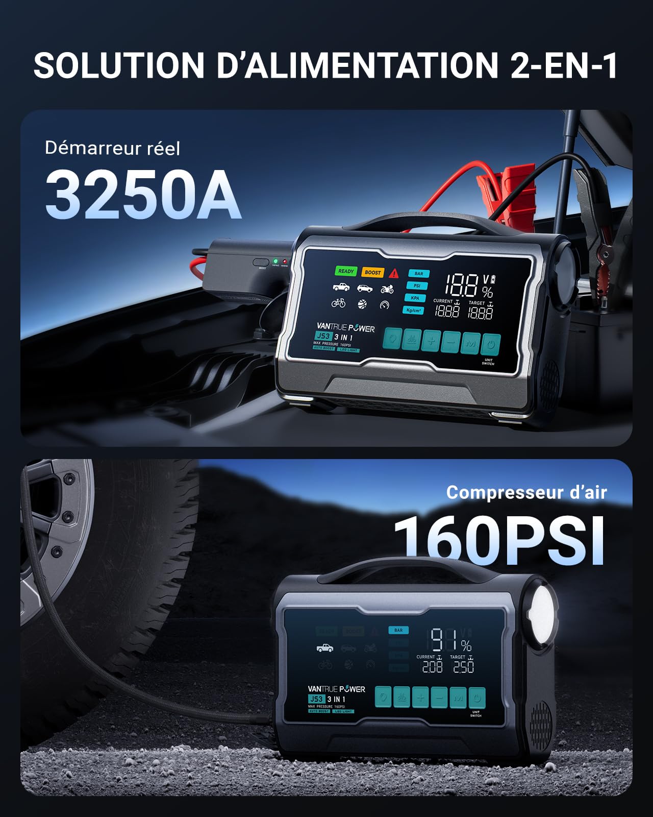 JS3 3250A Réels Booster Batterie Voiture avec Gonfleur 160PSI, 12V Démarreur Portable avec 9" Grand Écran, Charge Rapide 65W Power Bank, 400 Lumens LED, pour Essence 10L/ Diesel 8L