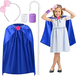 6 Pcs Halloween Toy Shepherdess Costume Set Include Pink Bow Headband Blue Cape 2 Wristbands Flower Brooch White Staff for Party Toy Cosplay Dress up - Buy now