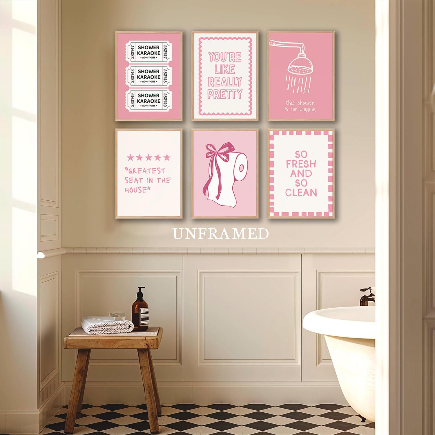 XBQZFLHT Pink Coquette Bathroom Wall Art - 6Pcs Preppy Pink Bow Decor, Funny Shower Karaoke & Toilet Paper Posters, Cute Aesthetic Girls Washroom Dorm Wall Decor (12x16in, Unframed)