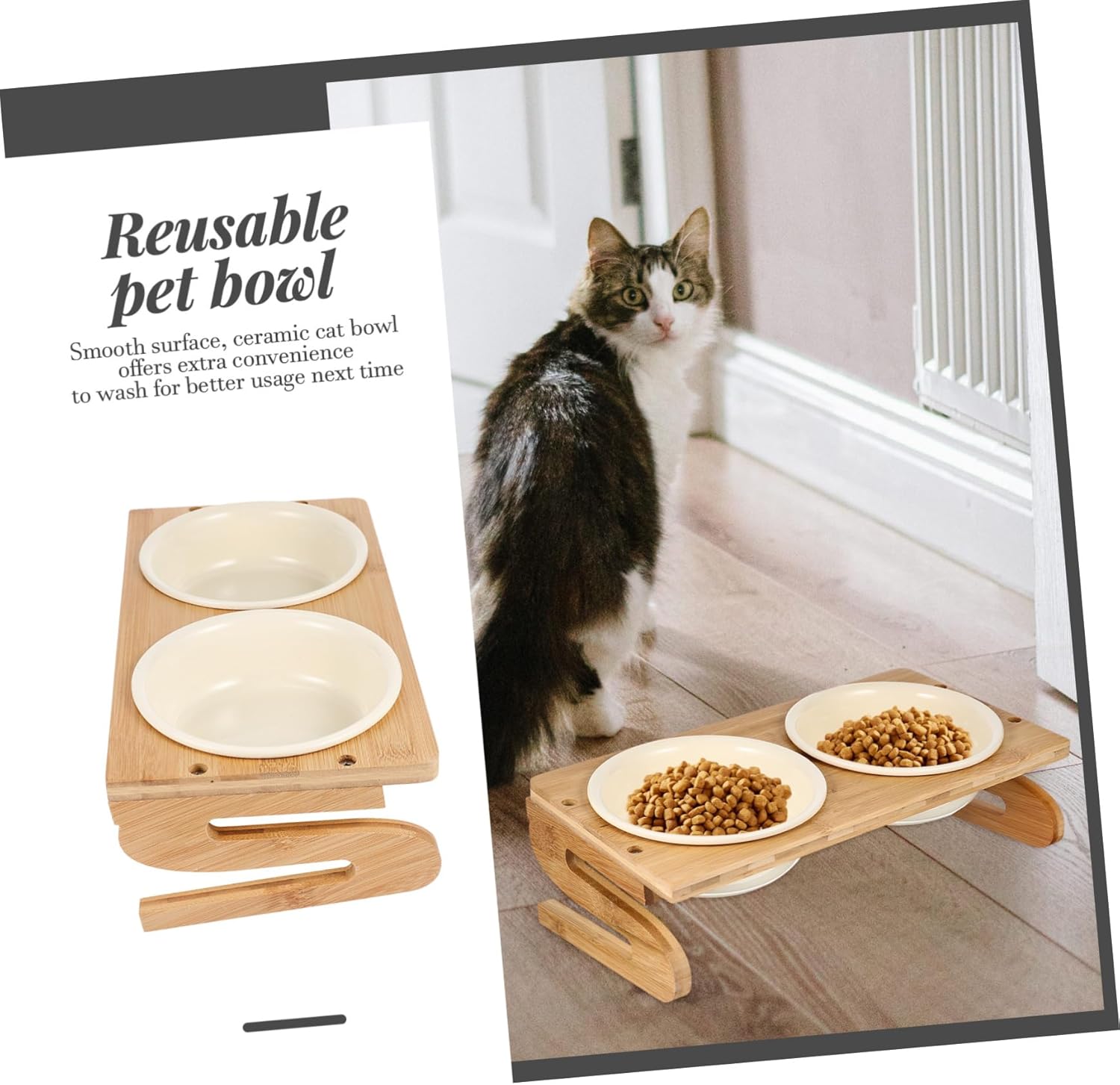 BESPORTBLE Elevated Cat Feeding Bowl Raised Cat Bowl Ceramic Pet Wood Rack Feeding Accessory