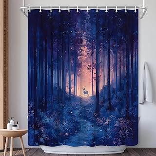 Misty Forest Deer Shower Curtain Blue Purple Foggy Jungle Birch Trees Wildlife Elk Silhouette Night View Natural Animal Landscape Bathroom Home Decor Bath Decor Polyester Fabric Curtains 70X70 Inch