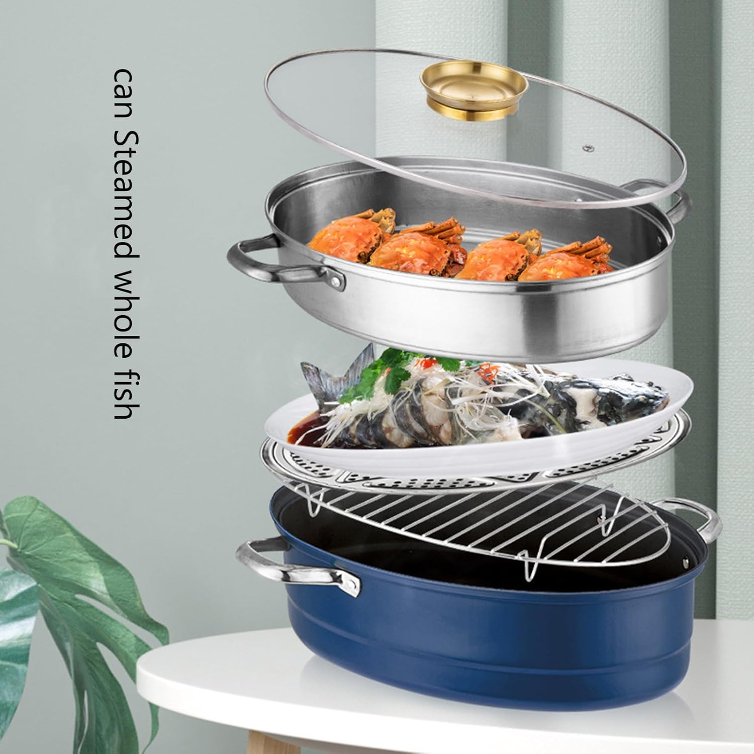 Elliptical Steamed Fish Pot Set with Lid, Ceramic Pan, Chuck, Rack - 2-tier Multipurpose Steaming Pot Cookware Fish Poacher for Vegetable, Dumpling, Sauce (Silver)