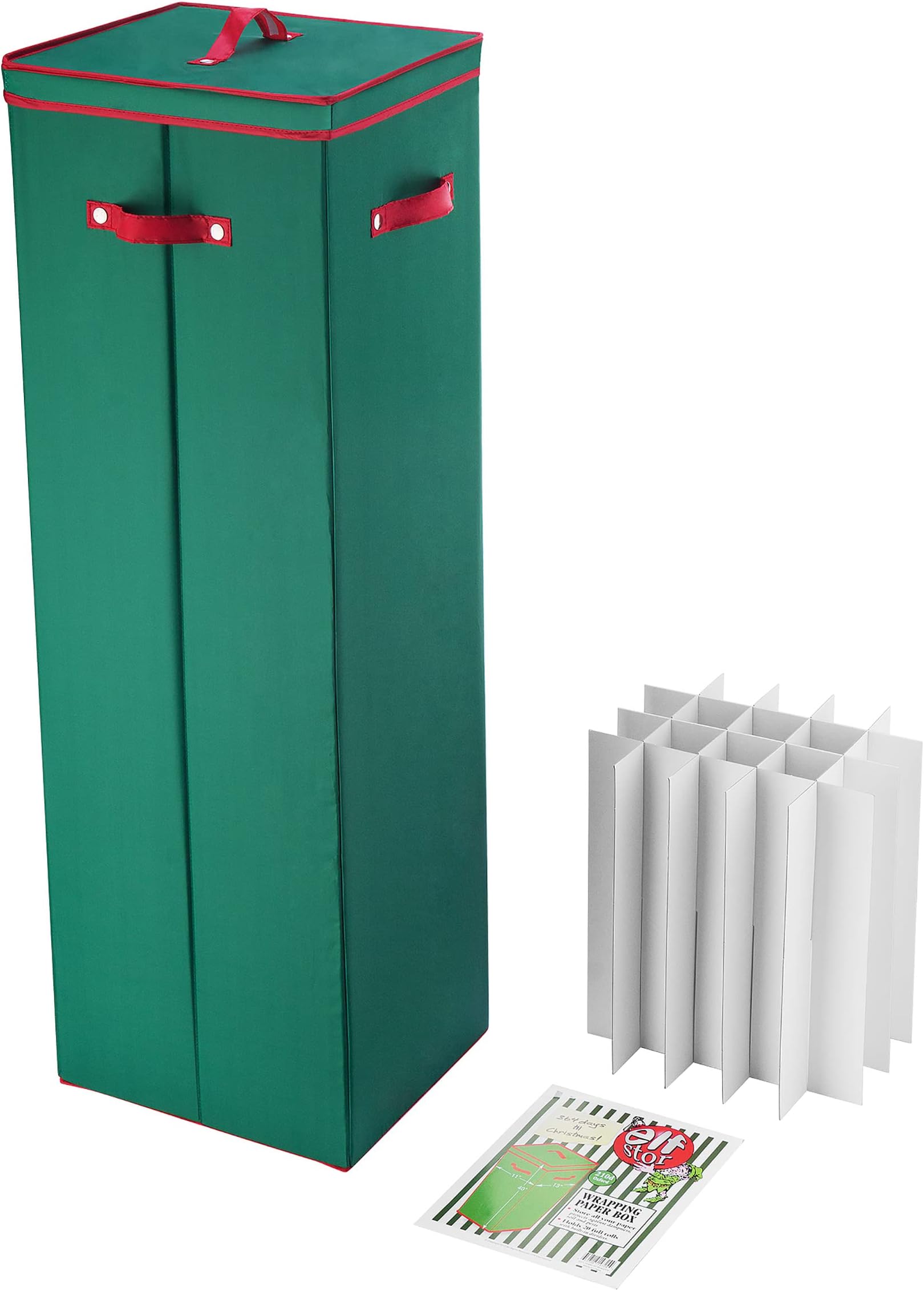 Wrapping Paper Storage Box-Holds 20 Rolls of 40” Gift Wrap-Upright Container, Lid, Dividers & Handles-For Holiday & Christmas Wrap by Elf Stor (Green)