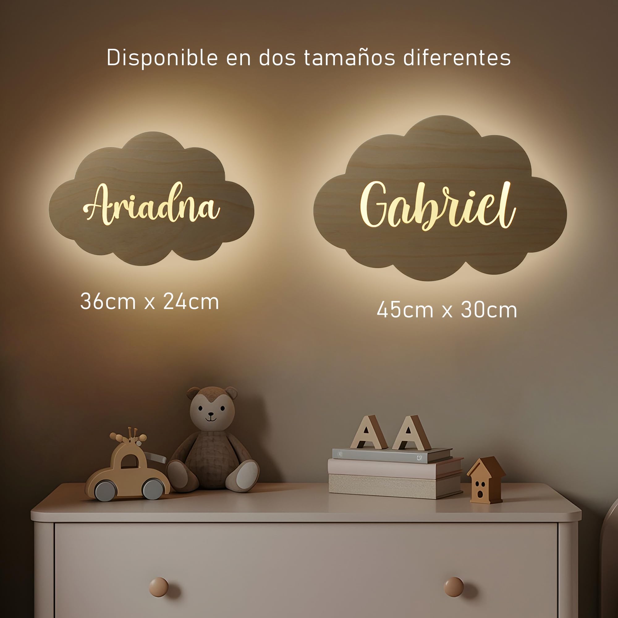 Dehome - Lámpara de Pared Infantil Personalizada LED - Diseño de Globo Nube Estrella Sol - Luz Nocturna de Madera para Bebés y Niños - Regalo Original y Decoración para Habitación Infantil (Nube)