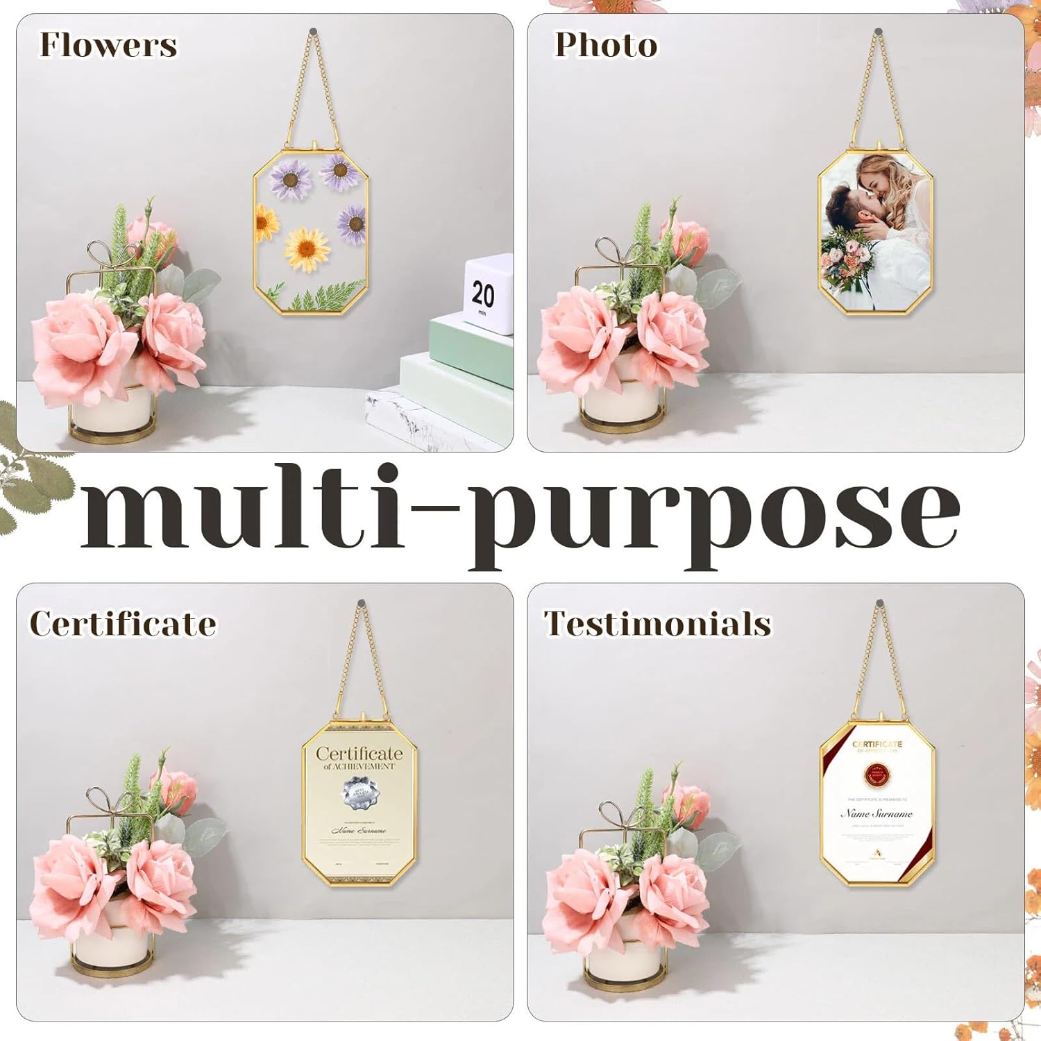 Treela 4 Pieces 5 x 7inches Glass Pressed Flower Frame, Hanging Double Glass Frames with Metal Chain Octagon Brass Tabletop Display for Dried Flowers Plant Picture Photo Artwork DIY Decor(Gold)
