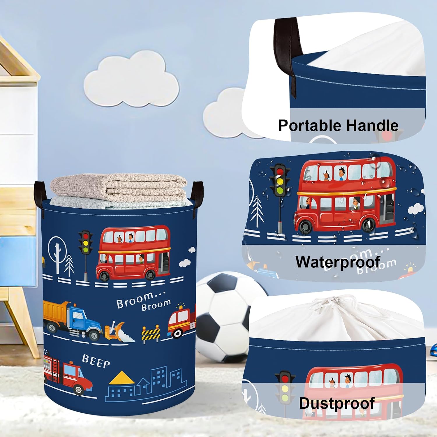 Cars Laundry Hamper Cartoon Vehicle Large Storage Basket Collapsible Parents Organizer Boy Toy Clothes Bins for Bedroom, Bathroom, City Bus, 63L image 4