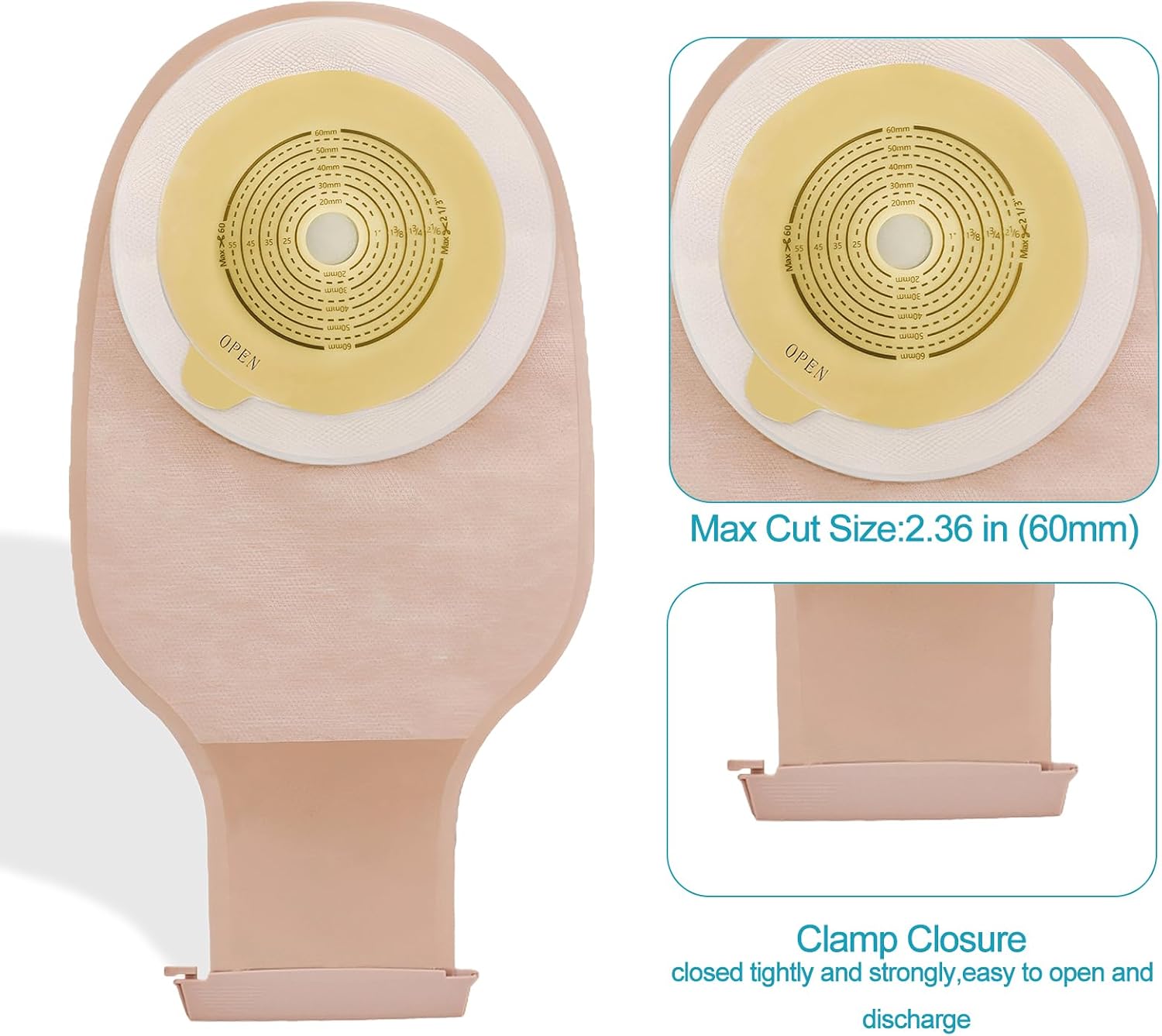 20 Pack Ostomy Bags, One-Piece Drainable Pouches with Clamp Closure, Leak-Proof & Odor-Proof for Colostomy Ileostomy Urostomy, Stoma Care Supplies, Cut-to-Fit 20-60mm (4 Clamps Included)