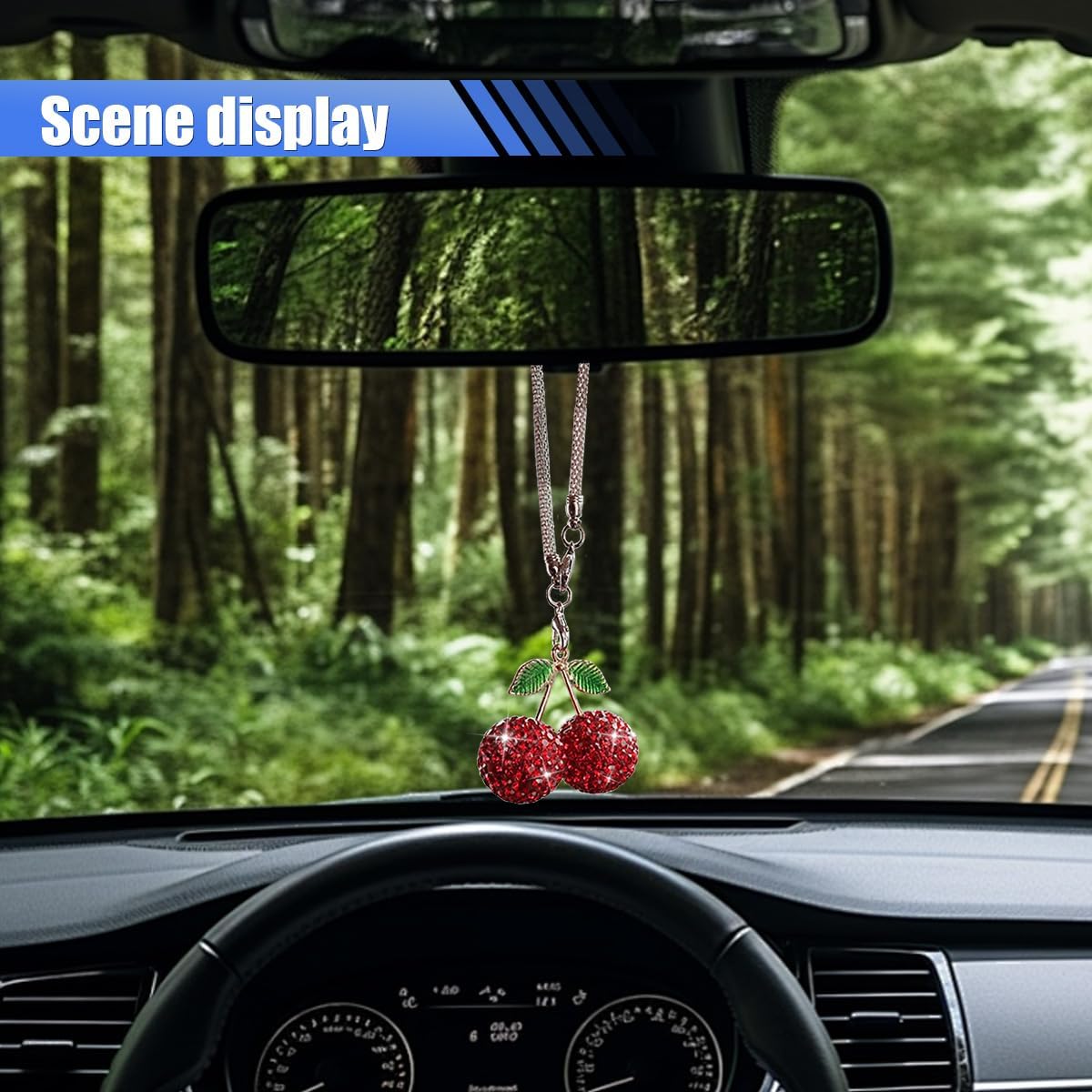 Bling Cherry Car Rear View Mirror Charm, Rhinestone Auto Rearview Mirror Pendant Ornament, Sparkly Diamond Hanging Decoration, Lucky Vehicle Interior Accessory for Women (Red)