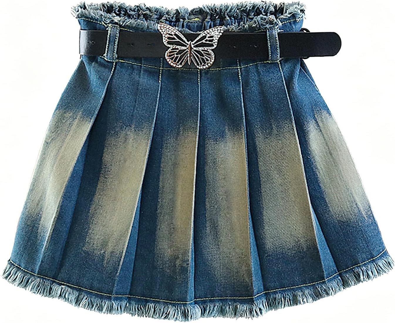 Girls Pleated Denim Skirt with Built-in Shorts, Spray White Wash A-Line School Skirt