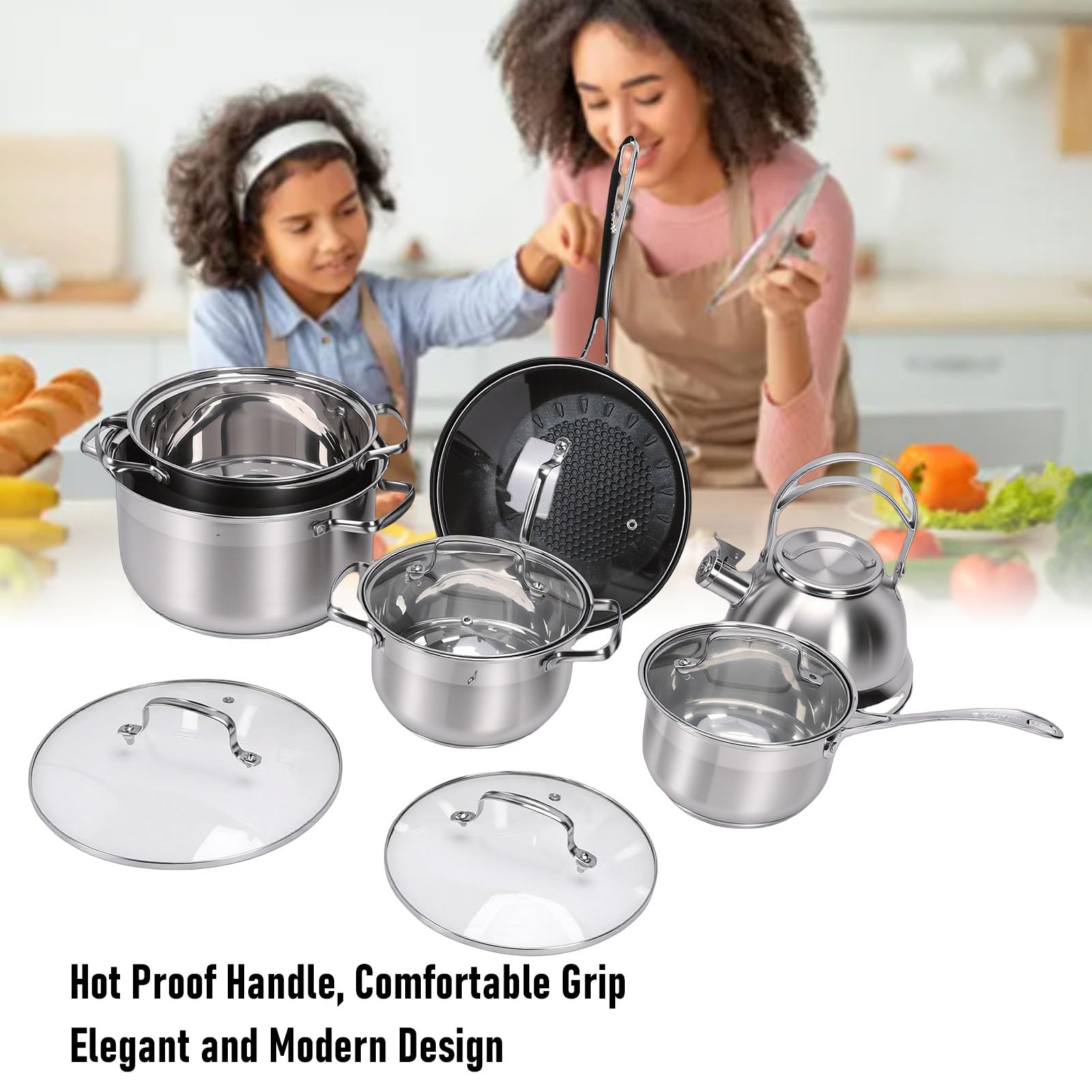 Haofy 10 szt. Zestaw naczyń ze Stali Nierdzewnej Gotowe na indukcję Garnki z Płaskim Dnem i łopatką do Czajnika do Kuchni Domowej Gotowanie Szef Kuchni Jakość Trwały Bezpieczny w