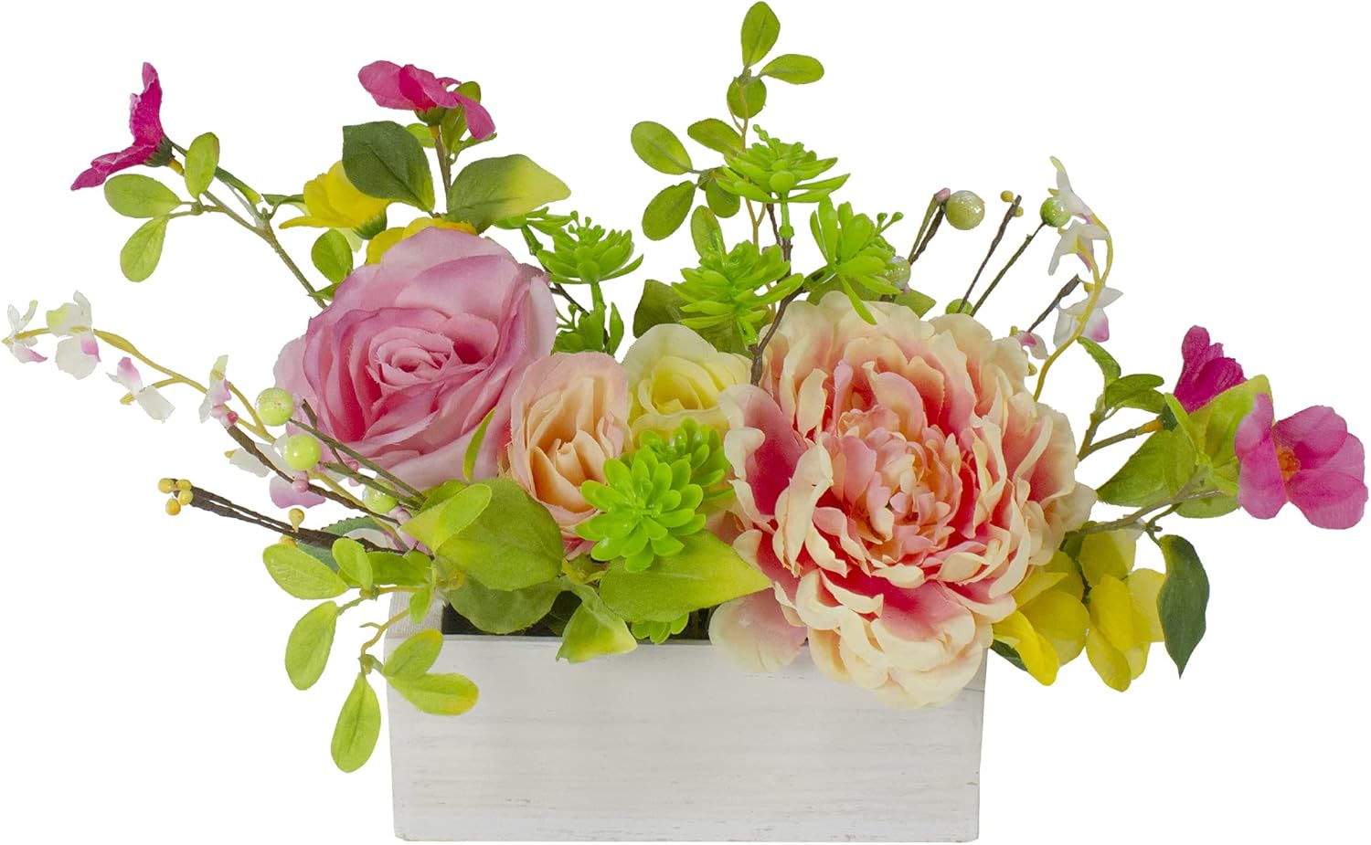 Northlight Artificial Roses and Peony Floral Arrangement in Planter - 14" - Pink and Yellow