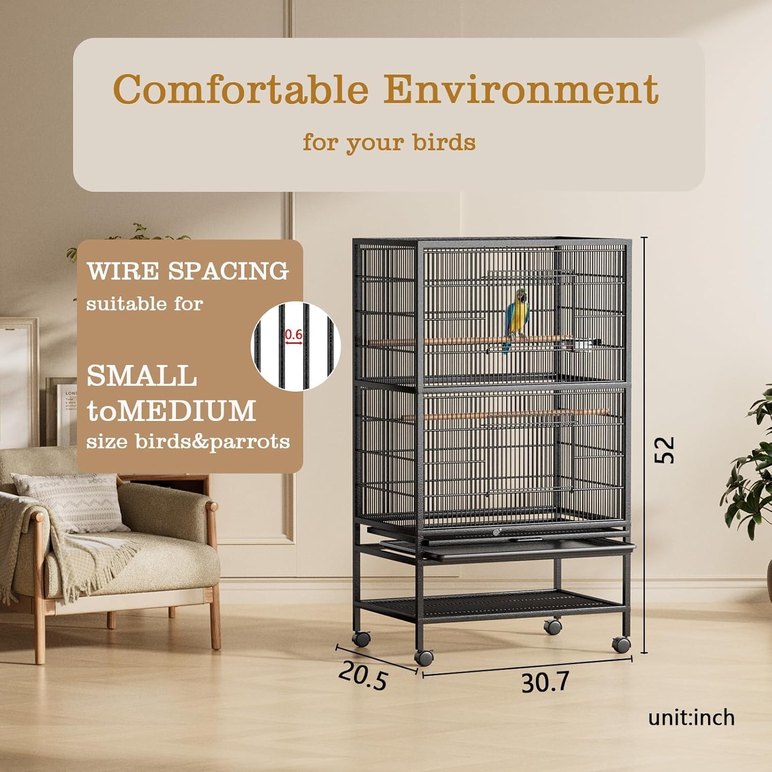 52" Large Standing Bird Cage, Wrought Iron Parrot Flight Cage, Spacious Flight Cage with Rolling Stand, Slide-Out Tray, Shelf and Perches for Cockatiels, Parakeets, Conures, Budgies, Lovebirds, Black