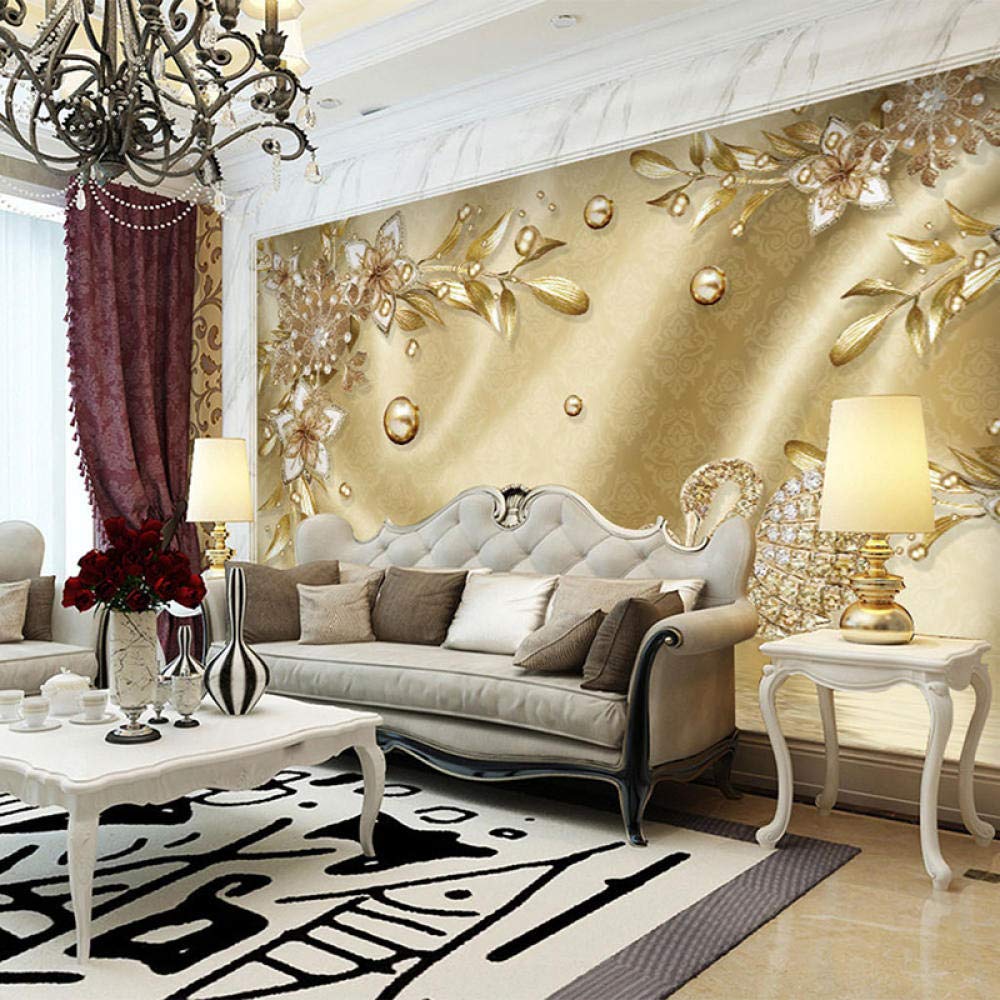 Luxe doré 3D floral bijoux motif fond décoration murale papier peint salon décoration de la maison