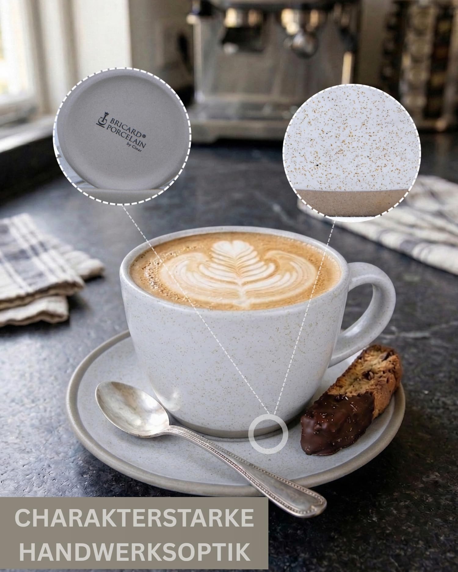 Kaffeetassen Set 12-teilig mit Untertassen, Kaffeeservice für 6 Personen | BRICARD Albi | 200 ml Keramik Hellgrau, Cappuccino Tassen, Spülmaschinen- & Mikrowellengeeignet, Geschenkset