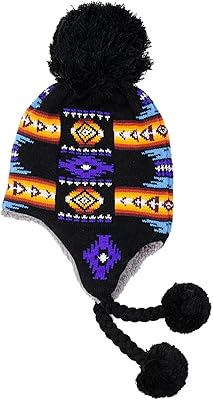 Nu Trendz Peruvian Beanie Knitted Hat with Ear Flaps, Winter Fleece Pom Pom Beanie for Women Men Slouchy Snow Warm Knit Cap