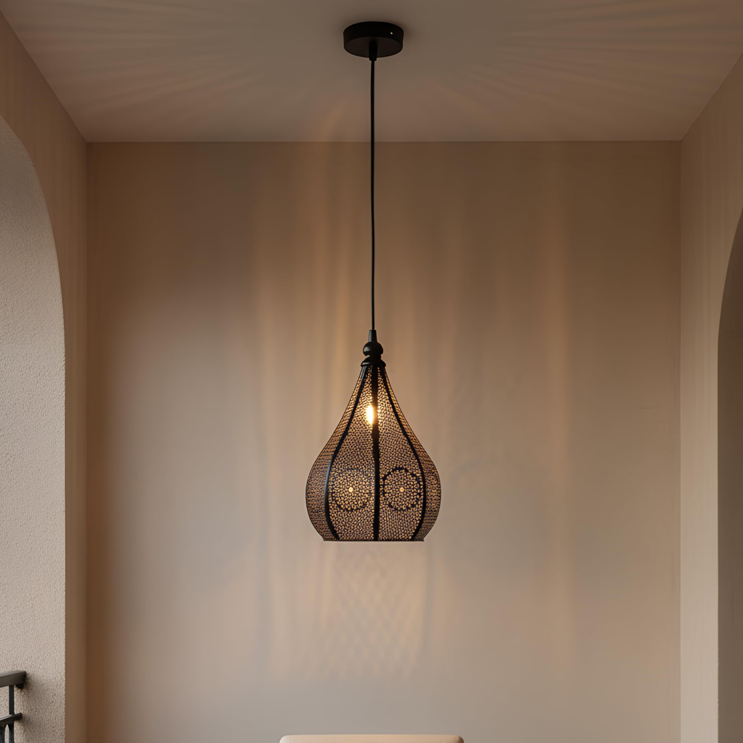 Moroccan Pendant Light, Black Metal Geometric Cut-Out Design, 9 x 6 Inches, Adjustable 30-Inch Cord, Hanging Ceiling Lamp for Living Room, Dining, Bedroom, Cafe (Bulb Included)-image-37