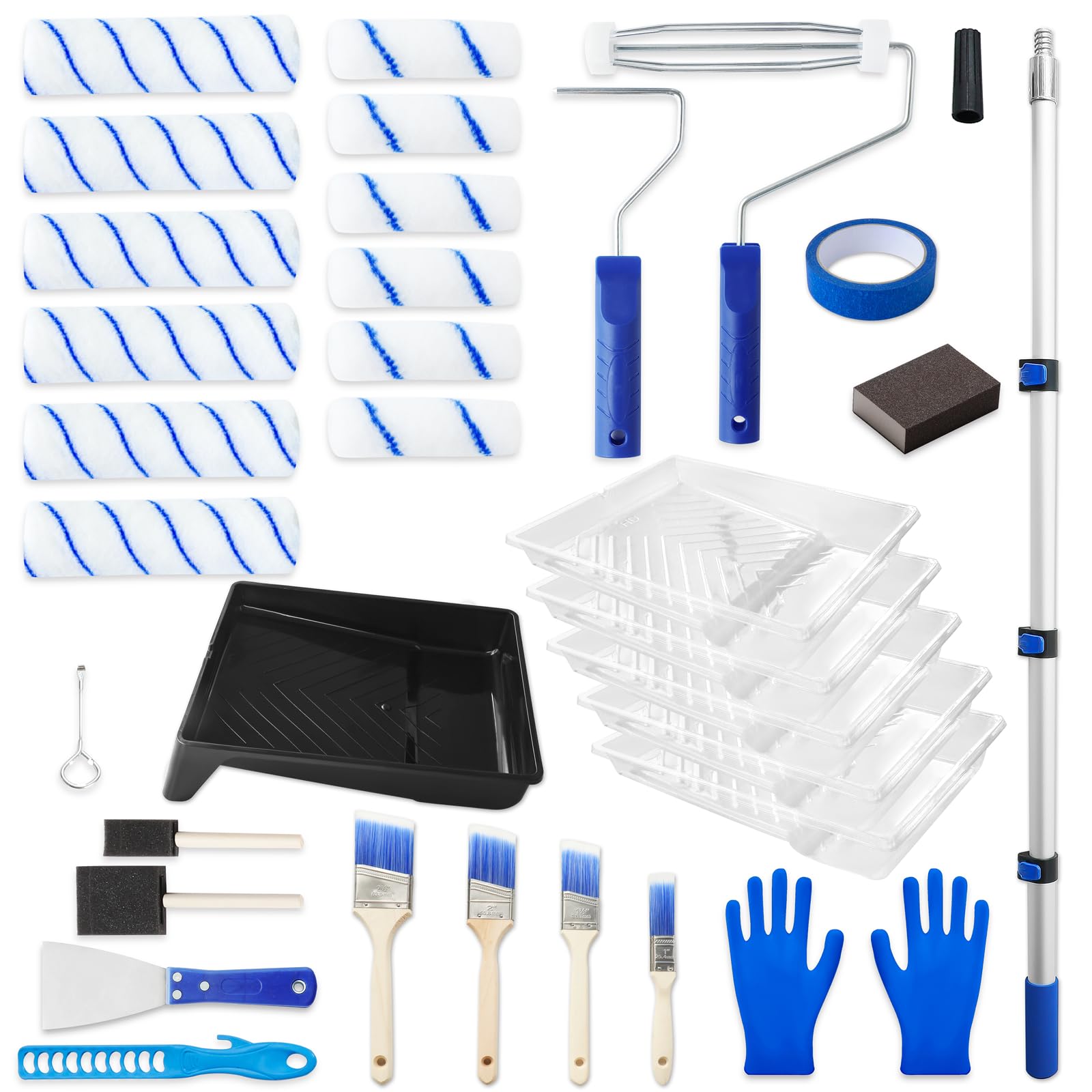 MAXWAVE Farbroller-Set mit Verlängerungsstange, 34-teiliges Set, 10,2 cm und 22,9 cm Farbroller, 4 m bis 1,2 m Stange, Malpinselzubehör für professionelle Hauswand, Latex, Ölfarben und Flecken