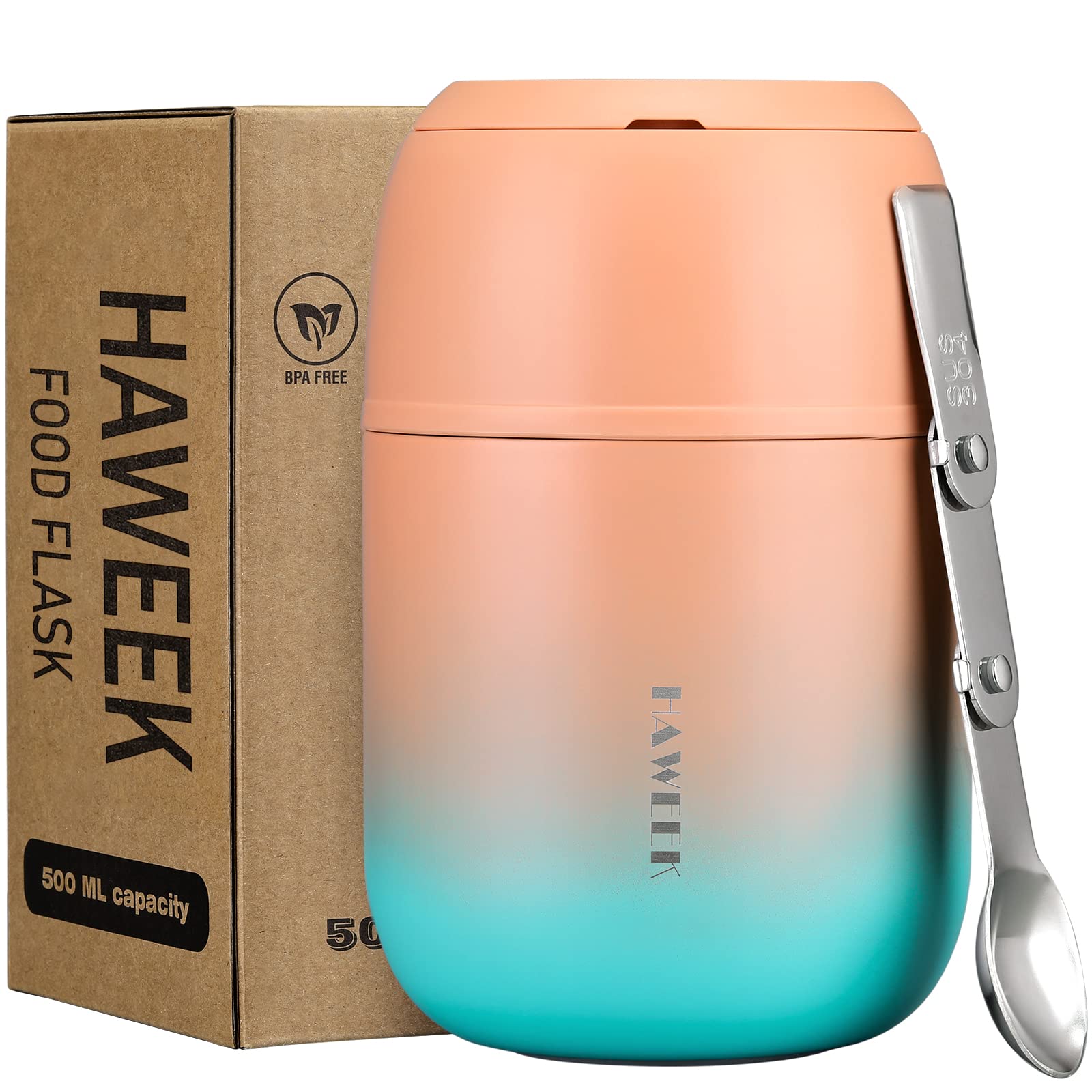 Contenedor de alimentos aislado de 17 onzas, termo de sopa para adultos de comida caliente, lonchera al vacío de acero inoxidable con cuchara plegable, térmica portátil para adultos y niños,