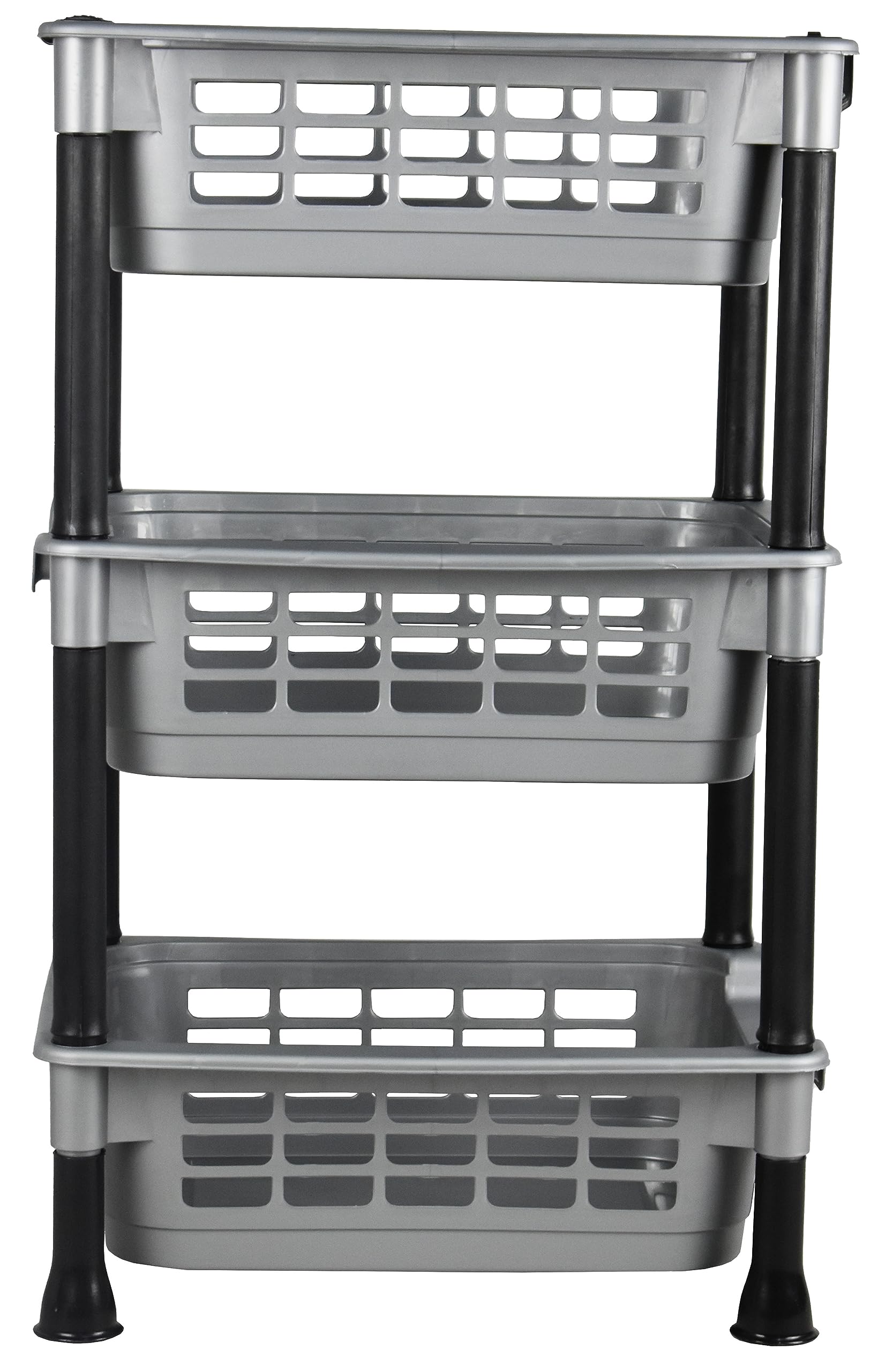 Sterling Ventures Fruits Vegetable Rack Kitchen, Pantry, Bathroom, Garage, Workplace Storage Utility Basket 3 & 4 Tier Plastic Rack Movable Organiser Household Basket (3 Tier - Grey)