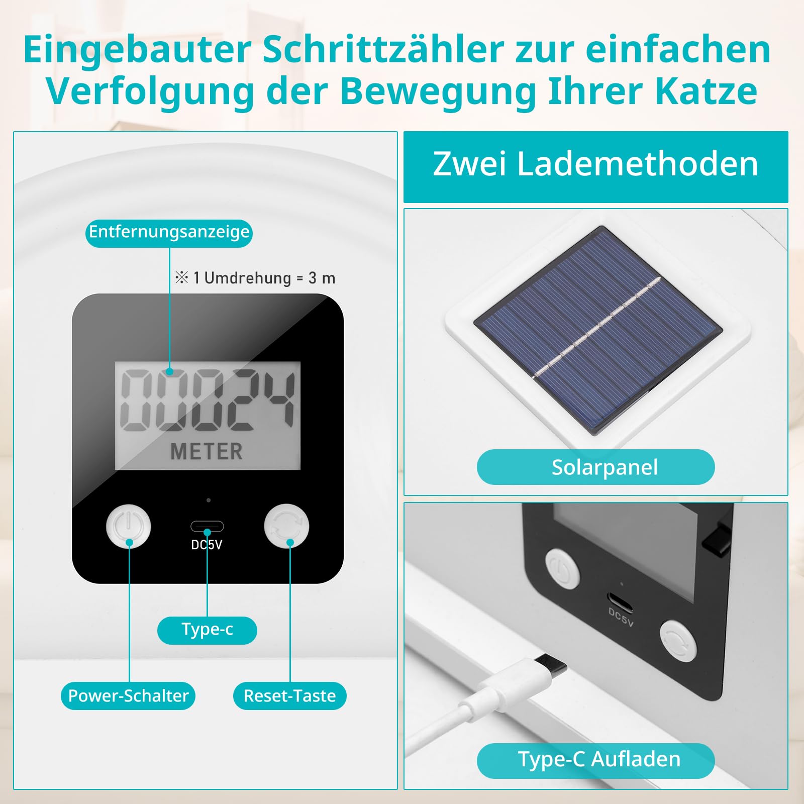 Katzenlaufrad aus ABS bis 25 kg, leise mit Solar-Laufstreckenzähler | Schraubenlose Klick-Montage, abnehmbare Plüsch-Lauffläche, 97 cm Innendurchmesser für große Katzen