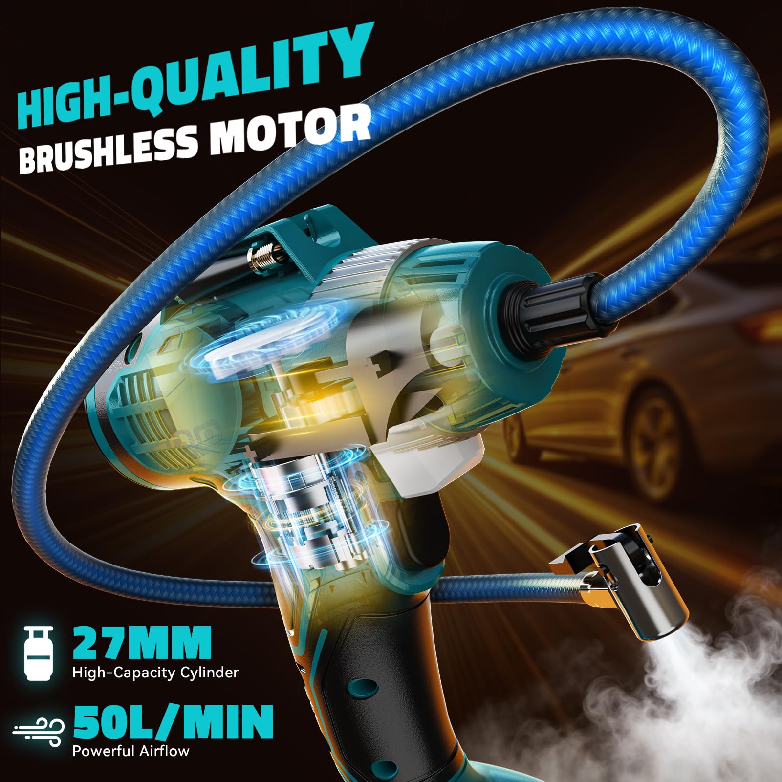 Ecarke Akku Kompressor 11 Bar mit Digitalmanometer & 12V-Zigarettenanzünder, kompatibel mit Makita 18V Akku, Tragbarer Luftpumpe für Auto, SUV, Motorrad, Fahrrad und Bälle, Ohne Akku & Ladegerät
