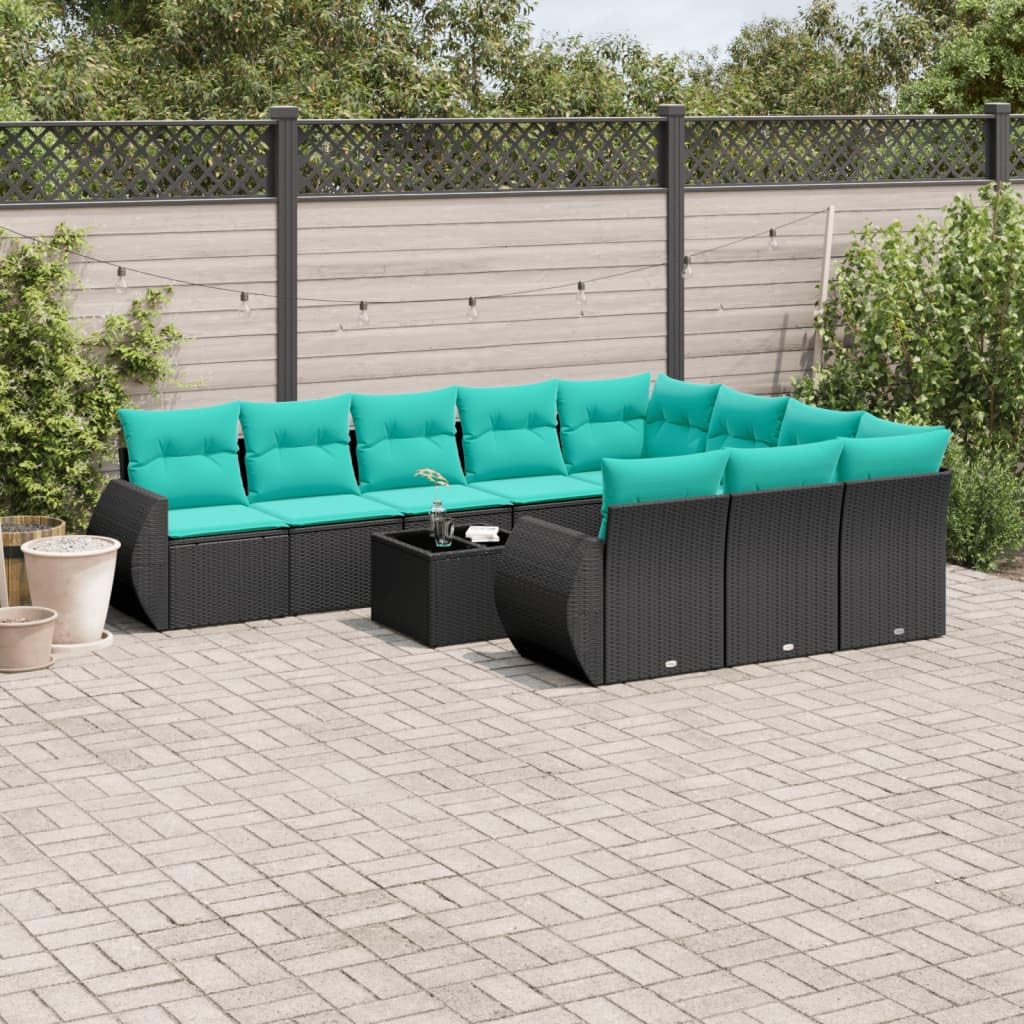 Juego de 11 sofás de jardín de ratán sintético negro con cojines y mesa de cristal, muebles de jardín de ratán sintético para patio, diseño modular con fundas extraíbles, duradero