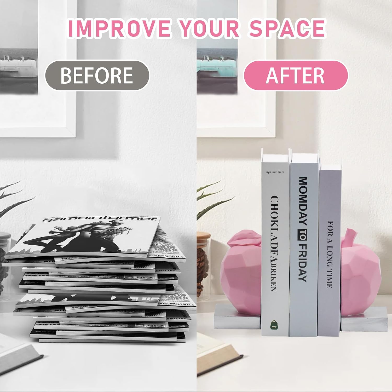 Decorative Bookends, Heavy Duty Book Ends, Pink Apple Book Ends Creative Bookends for Study Room, Living Room Decorations