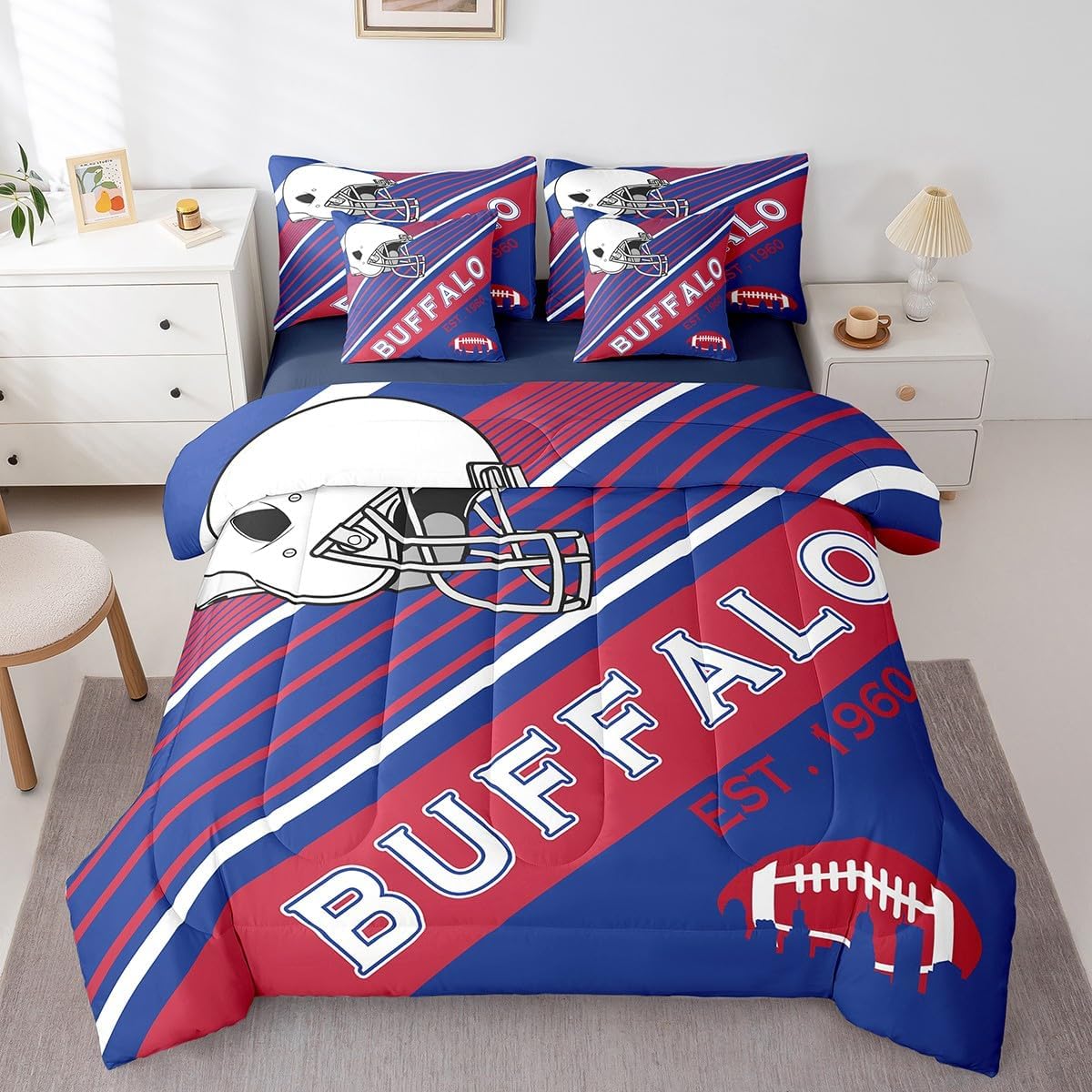 Erosebridal 7Pcs Football Bedding Set Full Size Bed in A Bag, 3D Sports Bedroom Comforter, 1 Comforter + Flat Sheet + Fitted Sheet + 2 Pillowcases + 2 Throw Pillow Covers, Buffalo