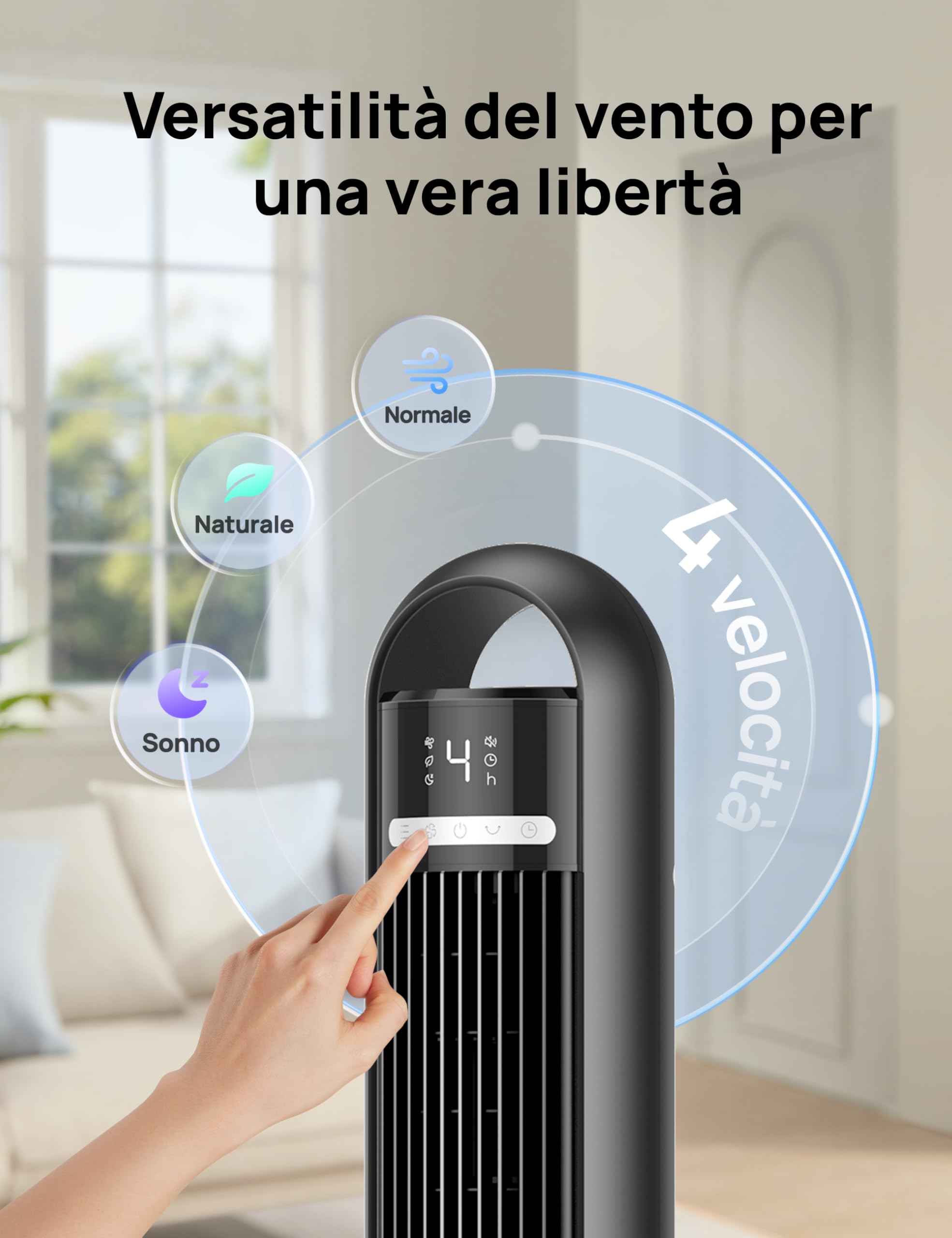 DREO Ventilatore a torre silenzioso da 23 dB, distanza di lancio, 9.8 m, ventilatore con 4 livelli di velocità, 3 modalità, timer da 8 ore, oscillante a 90°, ventilatore a colonna per camera da letto
