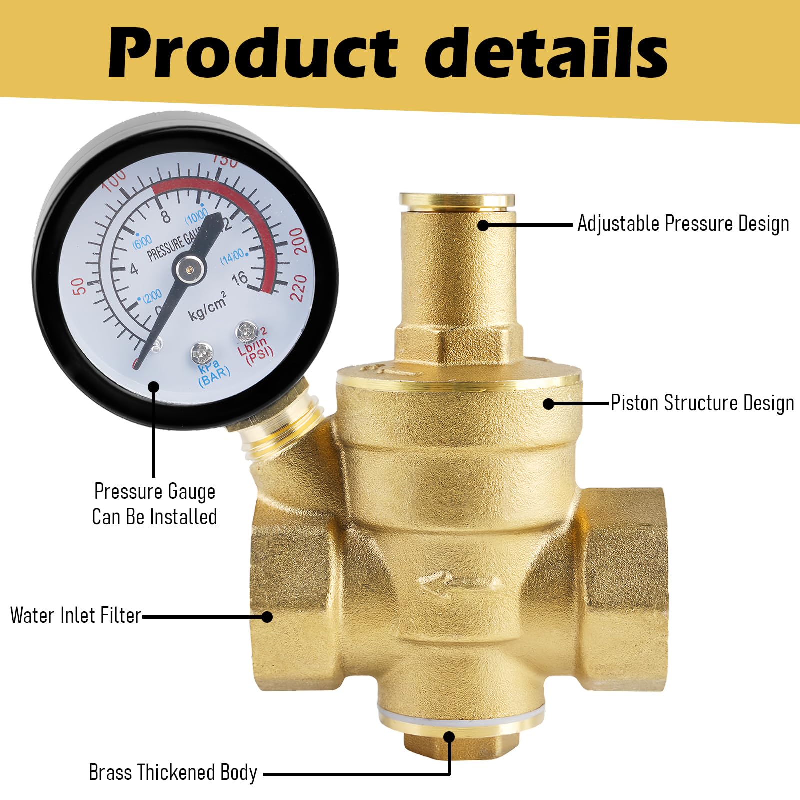 Valvola Riduttrice Pressione Acqua DN15 Ottone Con Manometro - Regolabile 0,05-0,8 MPa - Foto 3