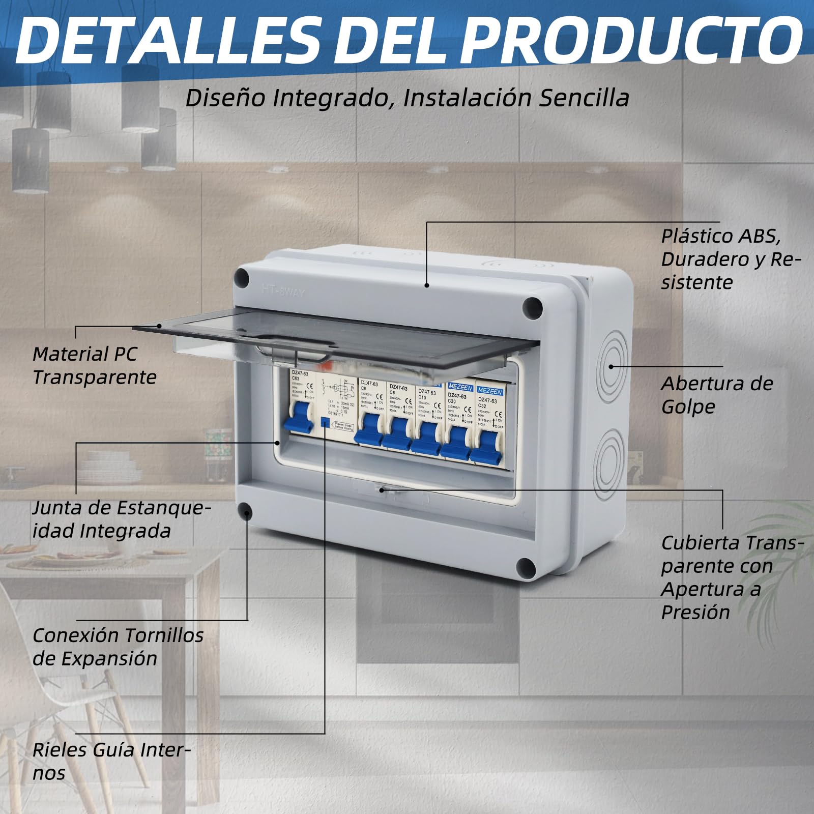 Caja de fusibles de superficie IP65 de 5 vías, 63 A, 30 mA, RCD 5MCB (2 × 1P6 A + 1P10 A + 1P20 A + 1P32 A) para autocaravanas, garajes y talleres (5 vías)
