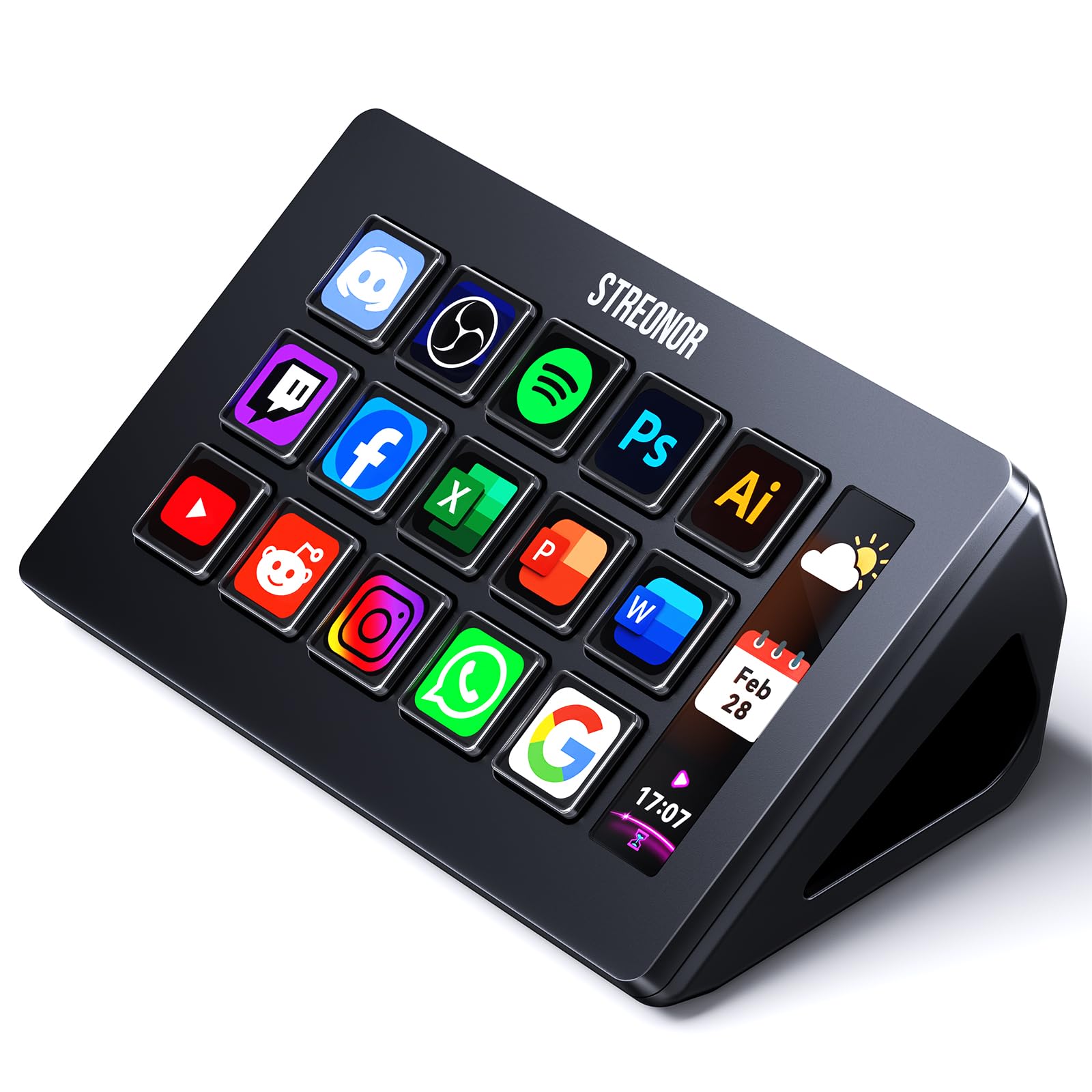 STREONOR Stream Control Deck Standard S15 con 15 tasti e display info | Stream Controller per OBS, Twitch, Discord, ecc., ideale per streaming, editing video e gaming, Mac/Windows-Nero
