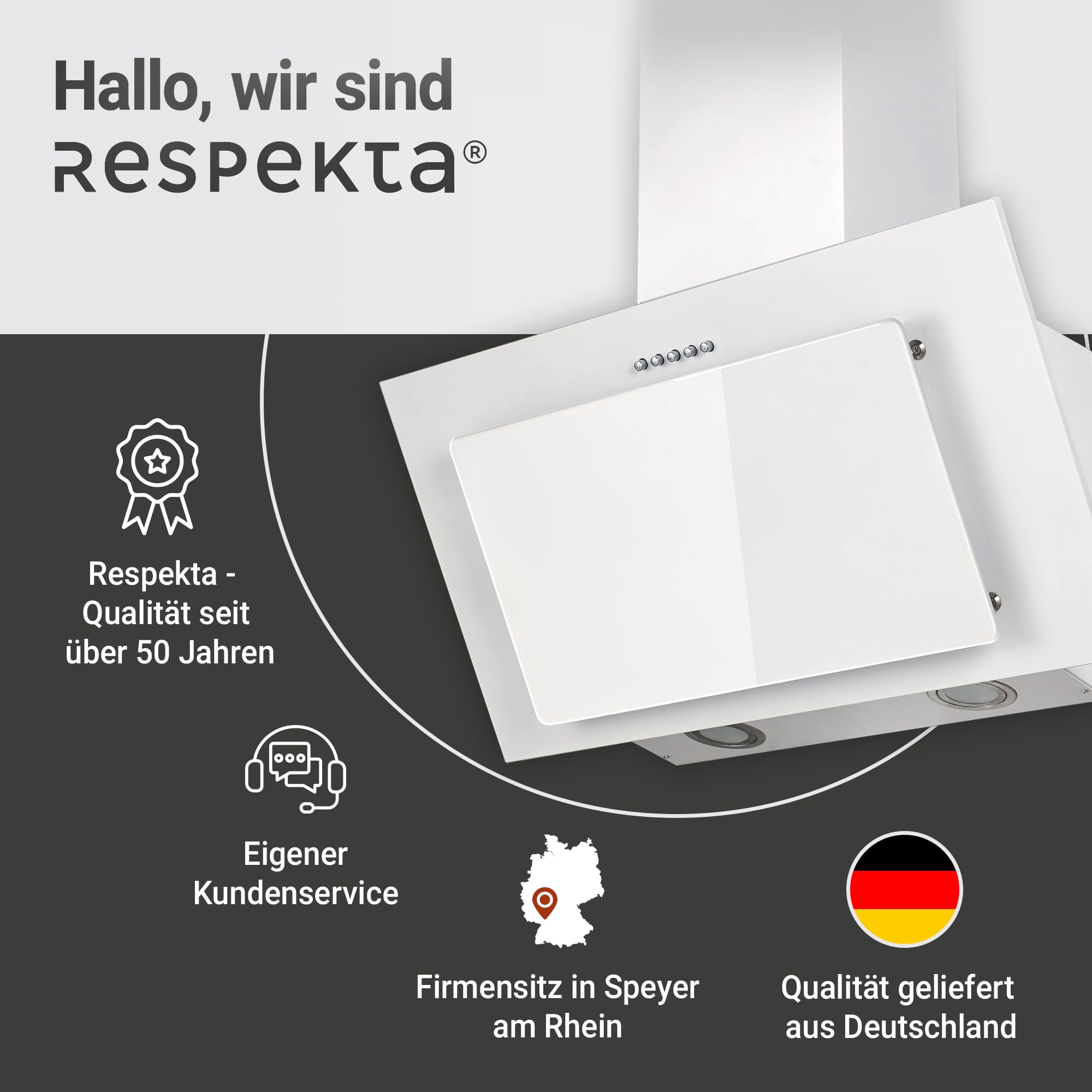 Respekta Dunstabzugshaube kopffrei 60 cm Metallgehäuse Glasschirm Weiß Abluft Umluft CH33060WB 51-63,5 dB